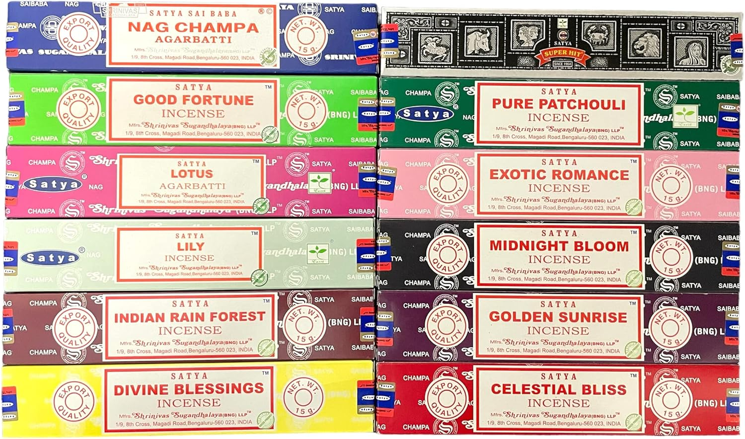 Satya Bangalore (BNG) Incense Set of 12 Nag Champa Namaste Super Hit Neem Forest Prana Oodh Sage Cinnamon Lemongrass Rosemary Natural Sandalwood, Varietypack05
