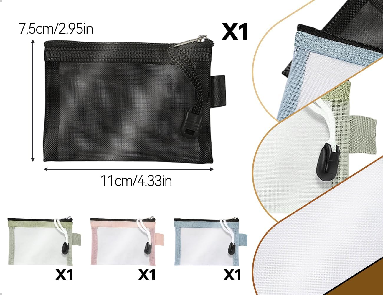 Emezddo Pack of 4 Pencil Cases, Transparent Mesh Nylon Zip Bag, Portable Cosmetic Bag, Waterproof Mesh Bag, Used for School, Office, Travel, Lipstick, Headphones