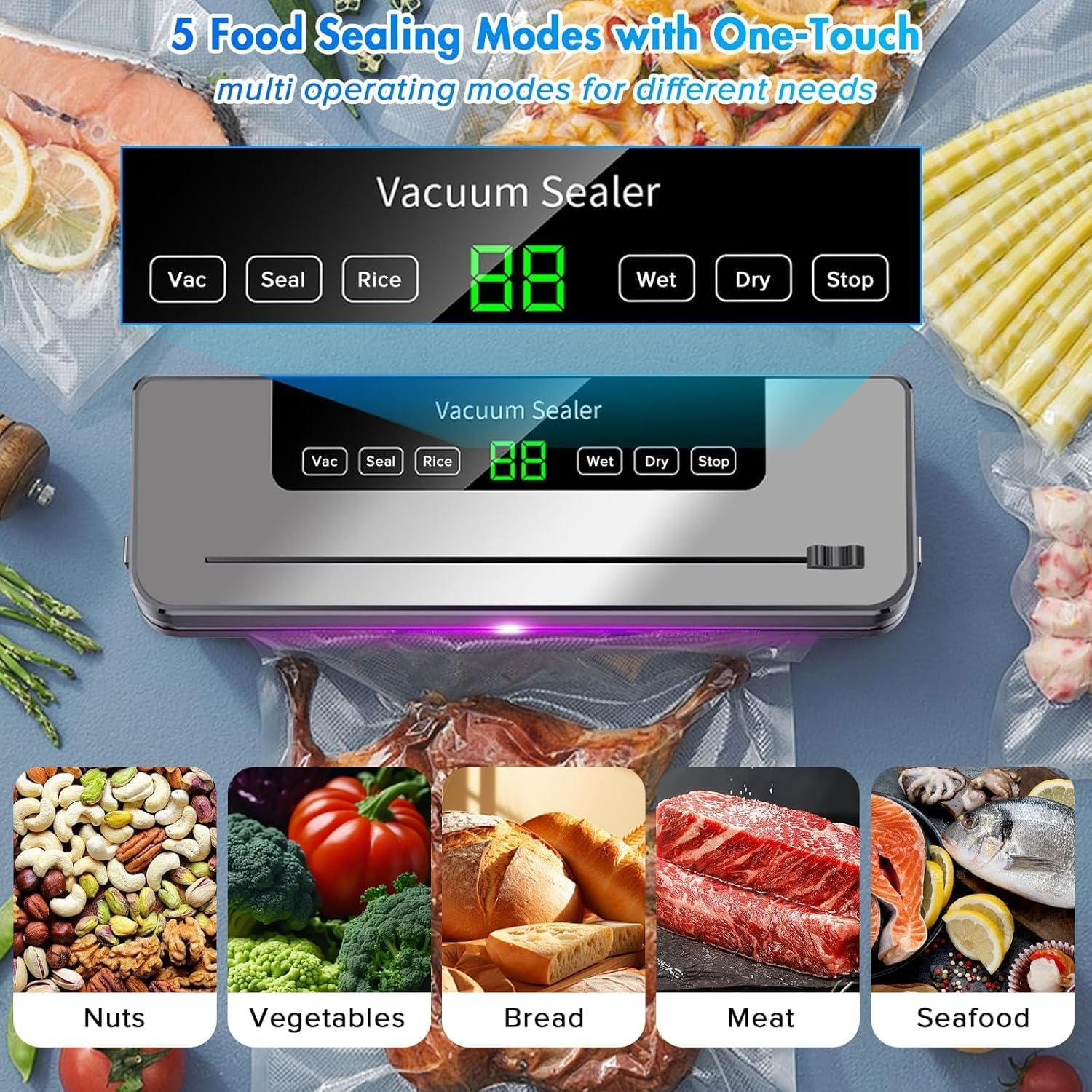 Yakiter Vacuum Sealer Machine, 6-In-1 Automatic Sealing Food Saver Machine with 30Pcs Sealing Bags, Dry & Moist Sealing Modes, Built-In Cutter,For Food Fresh and Storage (Grey) image number 6