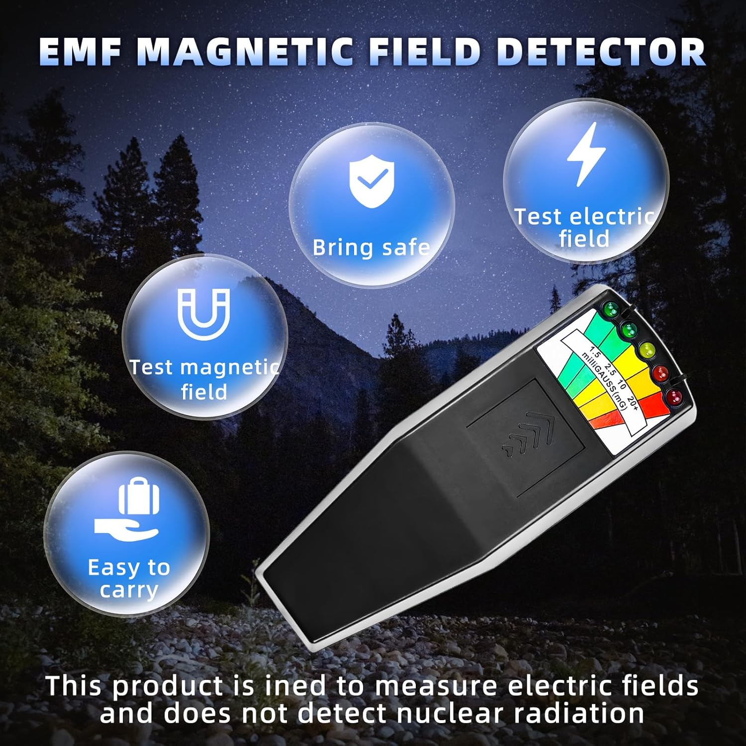 EMF Magnetic Field Monitor, High Accuracy Magnetic Field Detector 5 LED EMF Meter Radiation Detector Tester for Industrial Construction (Black)