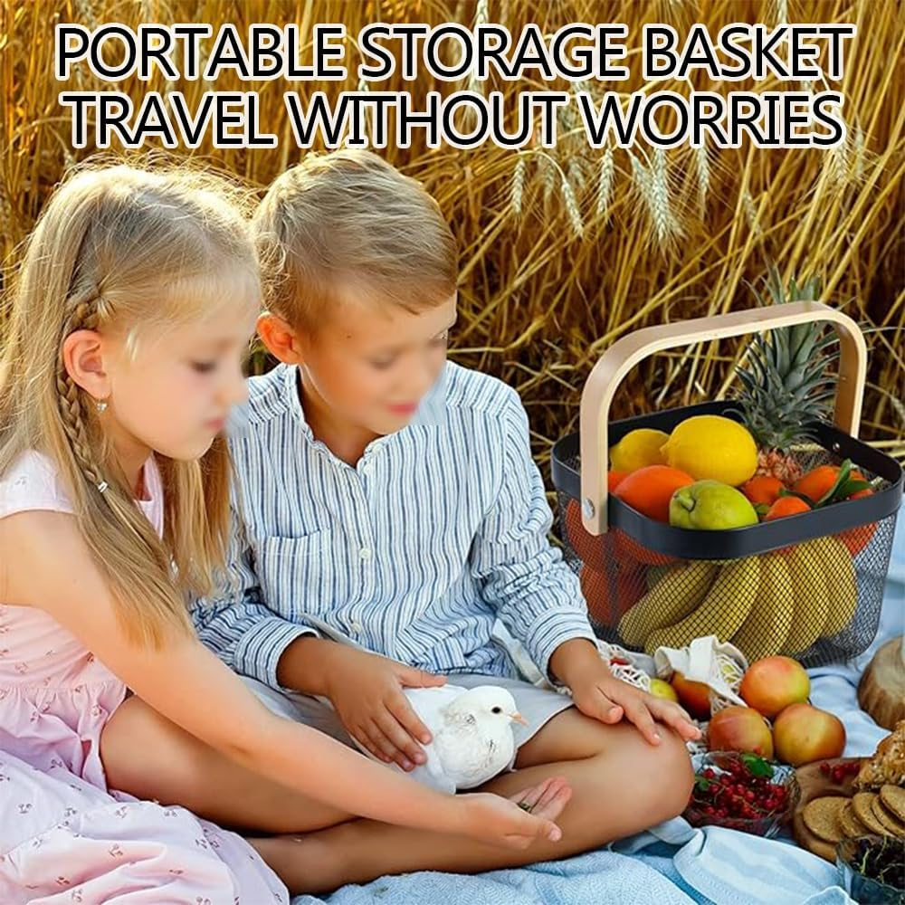 2 Pack Metal Mesh Steel Basket, Square Wire Basket with Handle Storage Organizer Basket, Garden Harvest Basket Fruit Basket for Kitchen Garden Picnic Collect Vegetables (Black) - Green image number 4