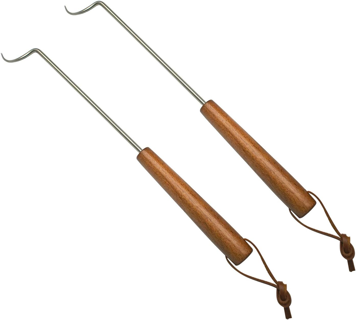 PEPKICN 15 Inches Pigtail Food Flipper - Stainless Steel BBQ Meat Turner Hook with Wooden Handle