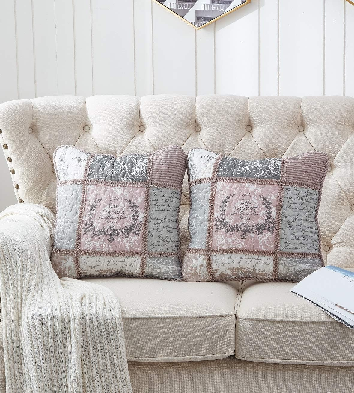 Brilliant Sunshine Latte Grey Paris and Toile Floral Patchwork Ruffle Pillowshams, Quilted Decorative Pillow Covers Set, Square Throw Cushion Cases for Couch, Chair, Bed, 18X18,Pack of 2, Latte Grey image number 5