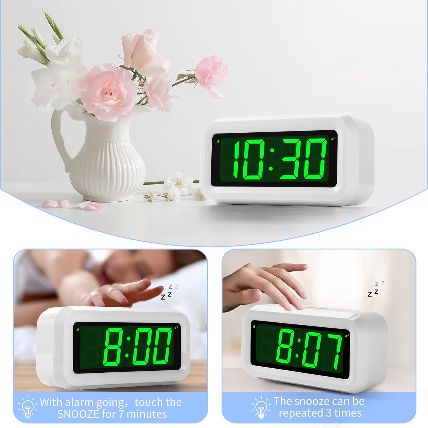 KWANWA LED Clock, Alarm Clock for Kids, 1.2Inch Green LED Digital Clock, Adjustable LED Brightness, 12Hr/24Hr, Cordless, Desk Clock, Bedroom Clock, Bathroom Clock, Table Clock, Ideal for Gifts