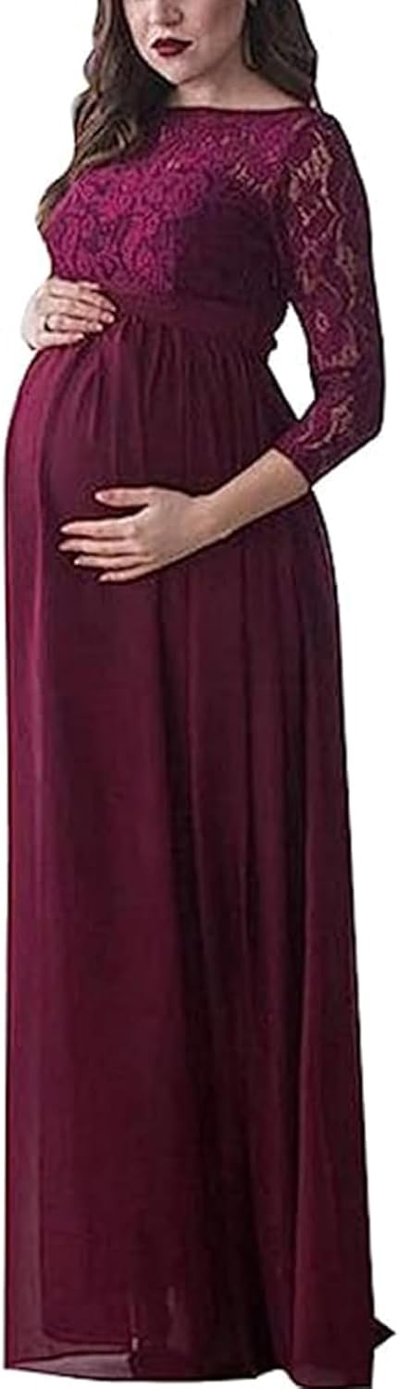 Maternity Dress for Photography Solid Color Lace off Shoulder Chiffon Gown Split Front Maxi Pregnancy Dresses for Photoshoot