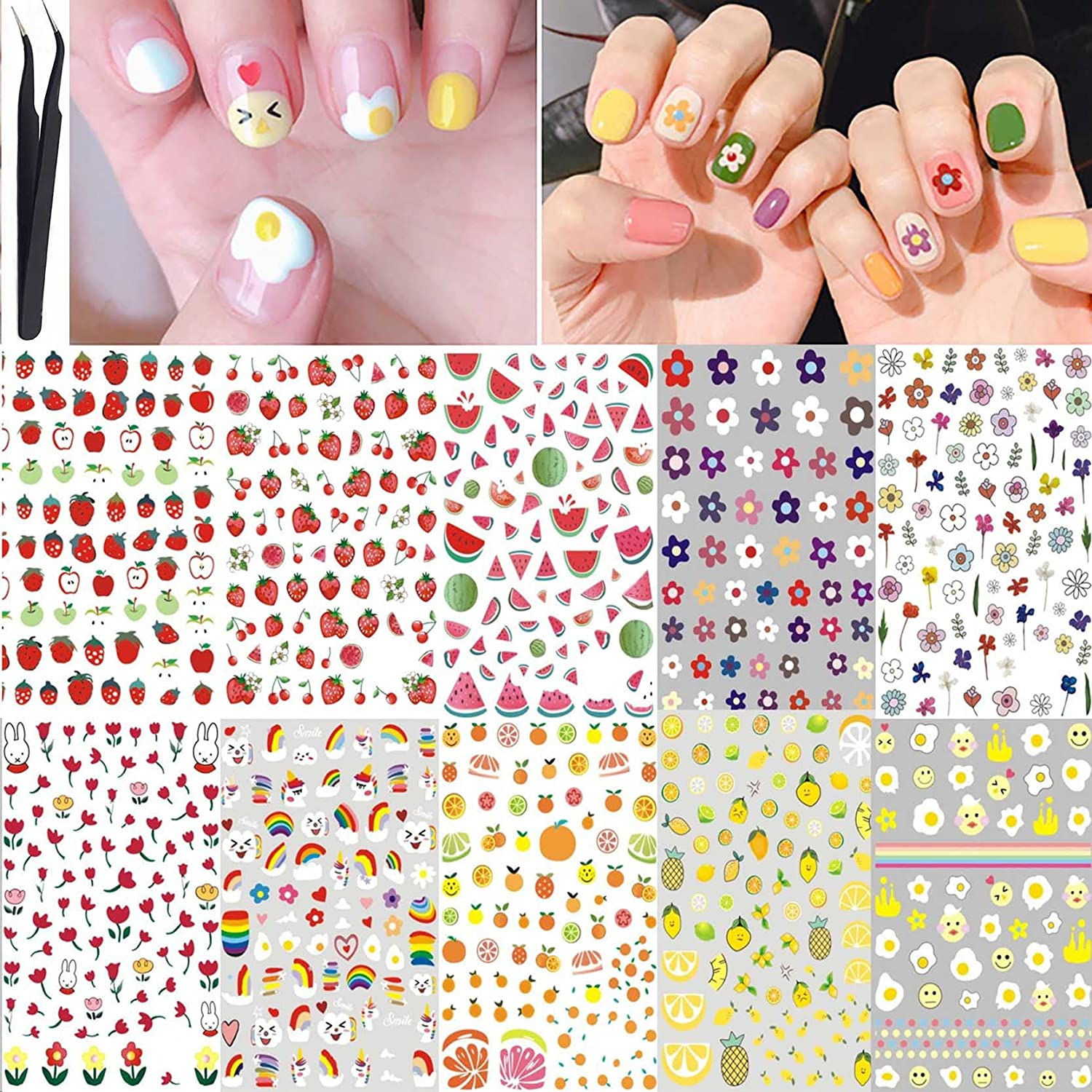 DAWNTREES Nail Stickers,1000+ Natural Materials Nail Art Stickers,For Women Girl Kids Nail Stickers Self Adhesive,Cute Nail Decals,Environmentally Diy,Flowers, Eggs, Plants,Fruit Decals - 3D White Pink image number 2