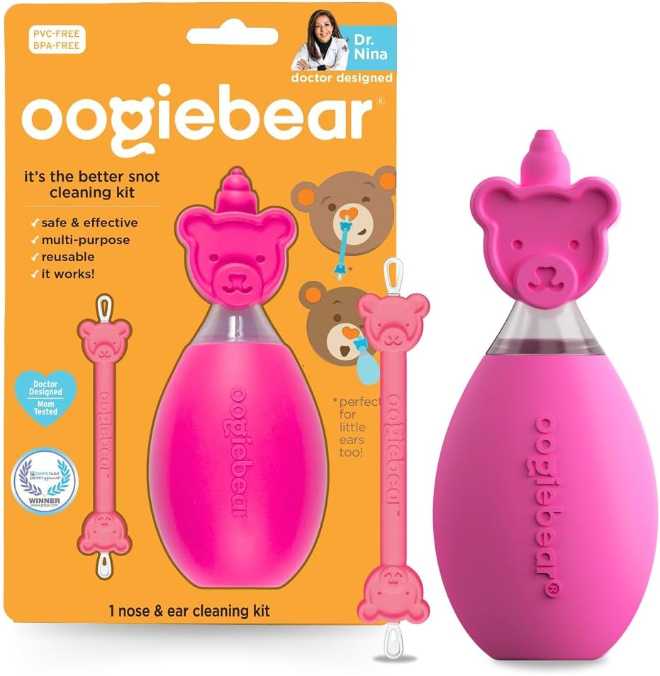 Oogiebear Bear Pair &mdash; the Safe Baby Booger Cleaner and Nose Sucker Duo | Bulb Aspirator and 2-In-1 Nose and Ear Wax Cleaner | Latex and BPA Free - Raspberry