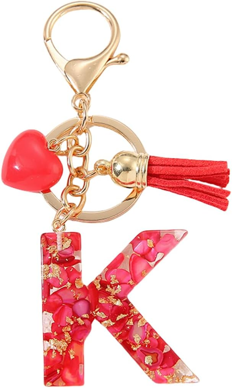 Gierzijia Red Stone Love Tassel A-Z Alphabet Resin Keychain, Initial Letter Key Ring Accessories Bag Charms image number 2