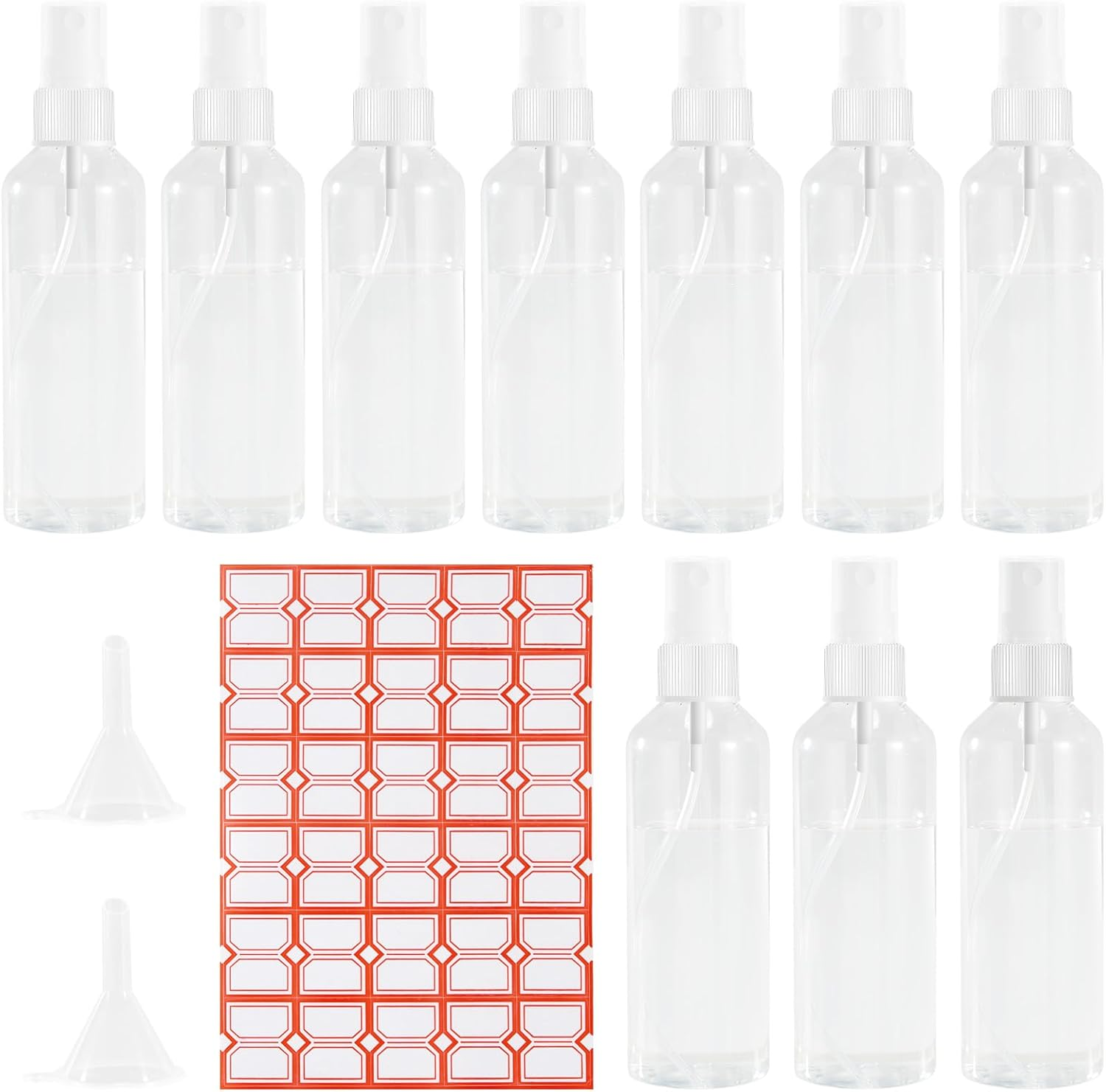 Pack of 10 Small Spray Bottles, 100 Ml, Atomiser Spray Bottles, Empty with 2 Funnels & Label, Atomiser Spray Bottle, Pump Bottle, Empty, Plastic Perfume Atomiser - for Air Travel or Outdoor Sports image number 4