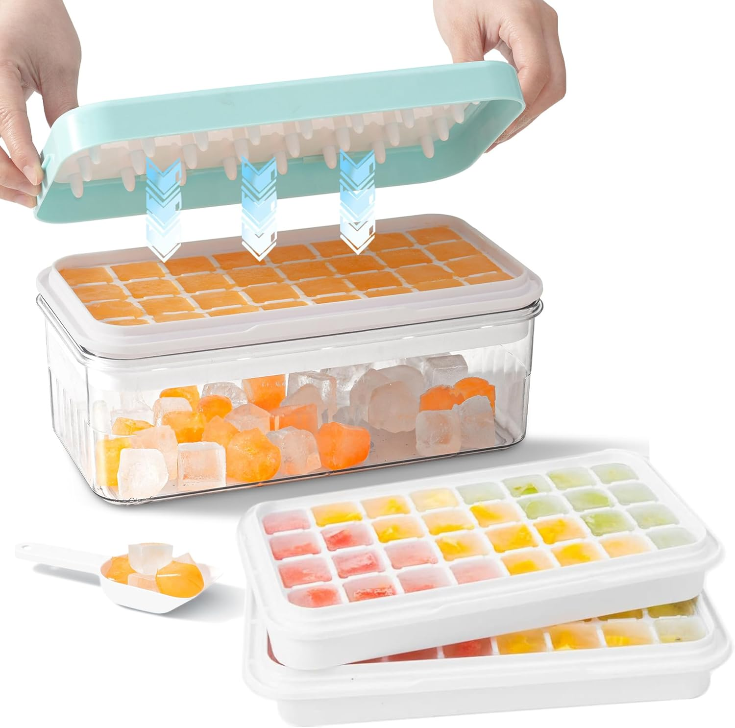 64 Cavity Ice Tray Set - Pop-Up Silicone Molds with Lids and Storage Bins, Bpa-Free Food-Grade Silicone, Including Spoon and Press Plate, Great for Parties, Get-Togethers and DIY Fun