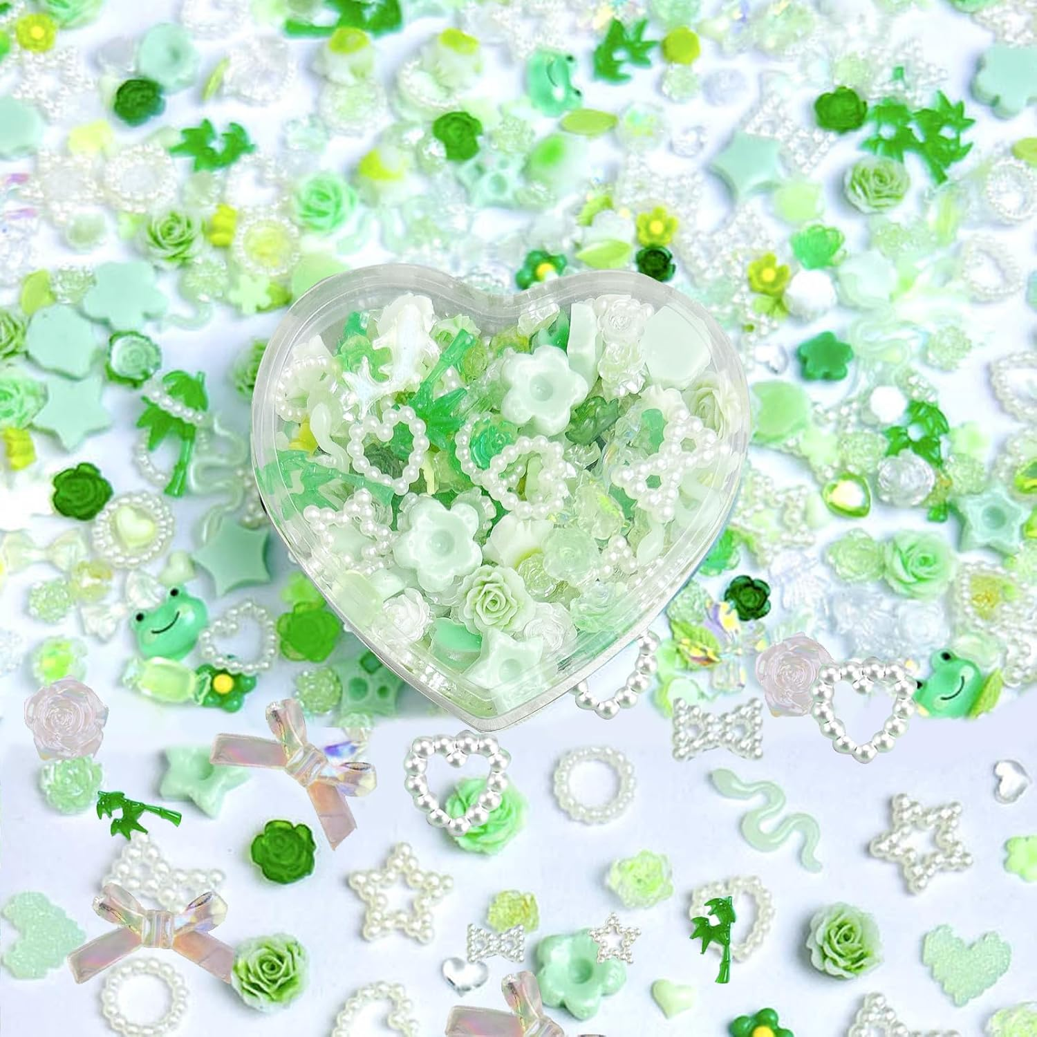 1 Pack Green Nail Charms,Resin Hearts Charms,Jade Nails Charm,Assorted Nail Decorate Include Pearl Love Star Camellia Bamboo,Spring Flower Bow Charm for Nails Decoration,Green Assorted 3D Nail Supplies image number 3