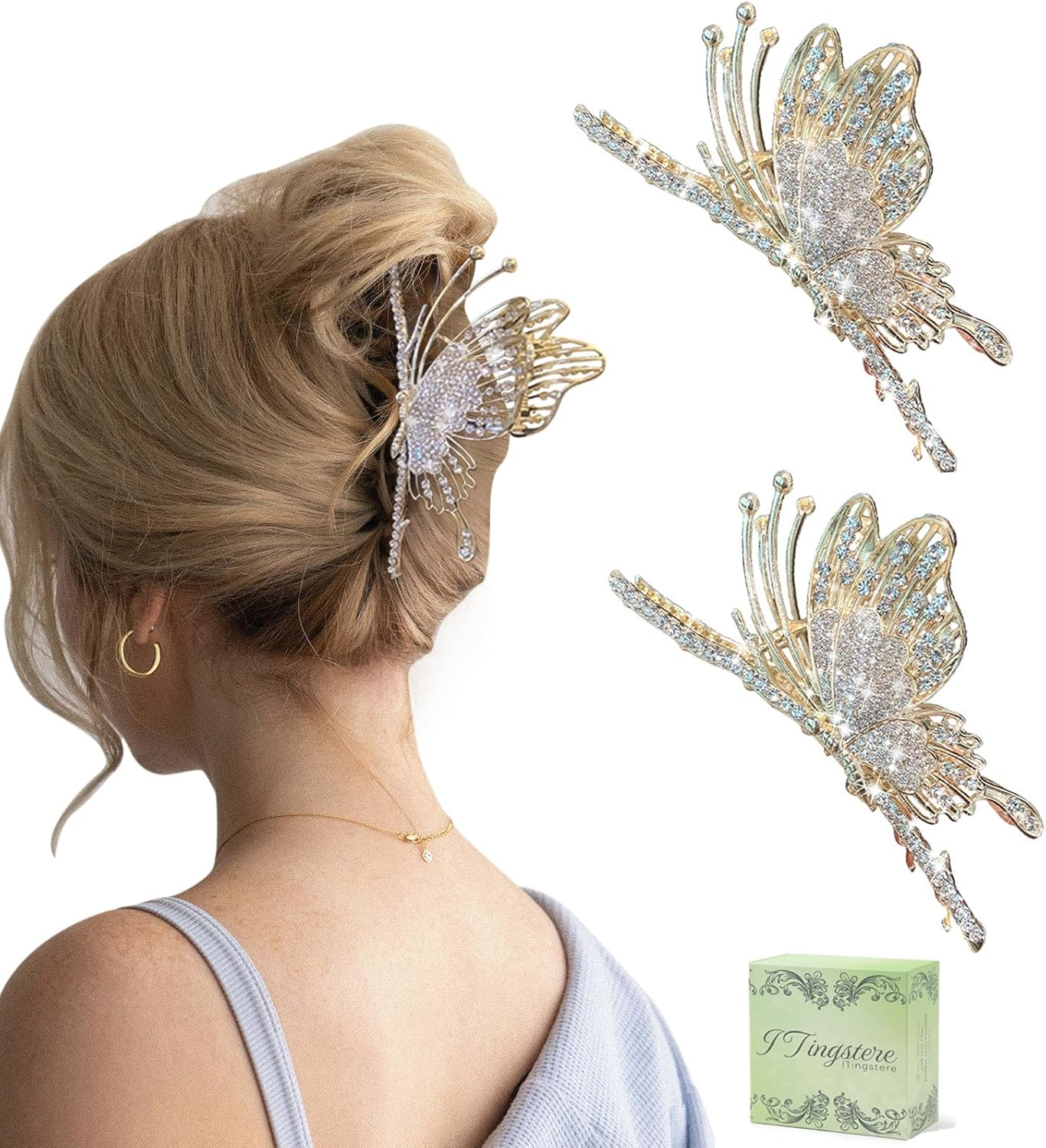 Itingstere Butterfly Hair Claw Clips for Women,2Pcs Large Non-Slip Strong Metal Butterfly Hair Clips Sparkly Hold Hair Jaw Clips Cute Hair Claws Big Butterfly Clips Cute Hair Clips Headwear Gifts