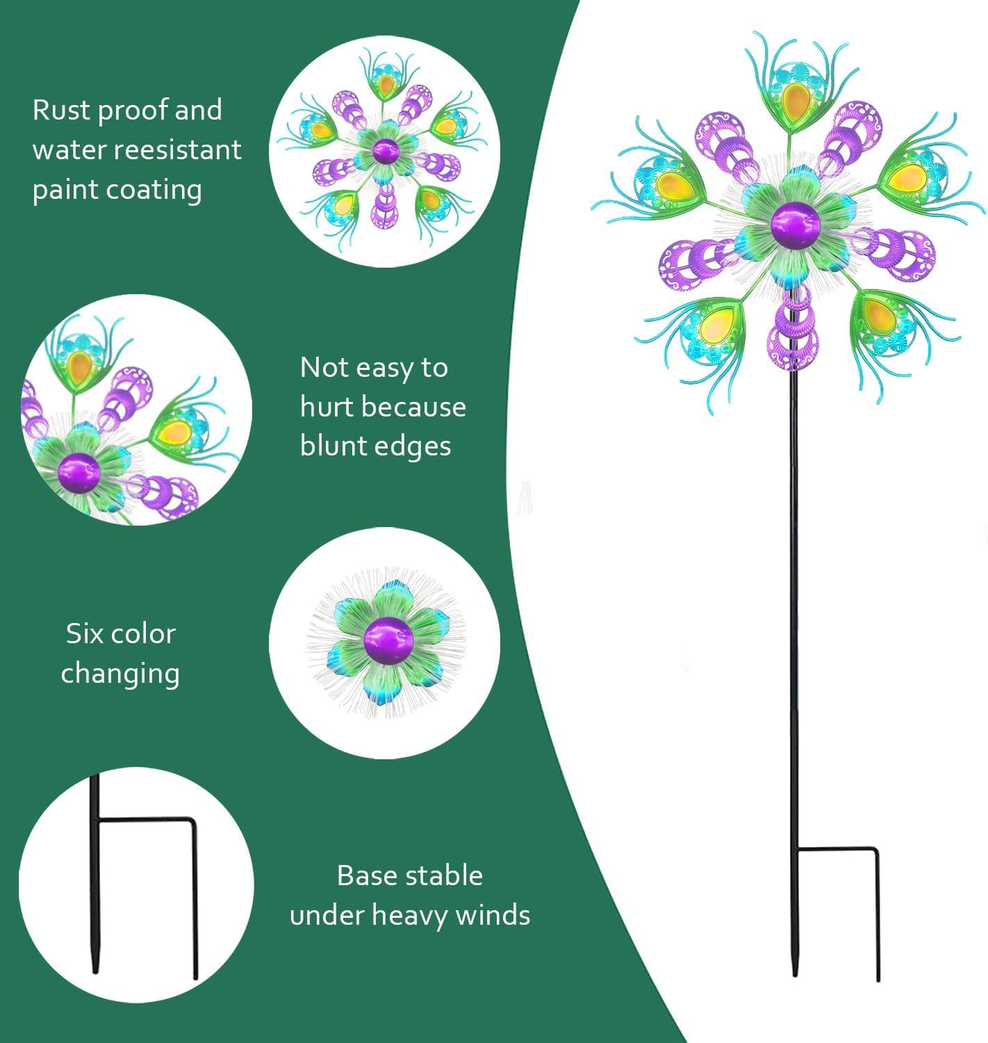 Solar Peacock Wind Spinners for Yard and Garden, 40 Inch Solar Windmill Garden Whirligig Kinetic Spinners Decor for Lawn,Patio&Yard, Metal Whirligigs Green Wind Spinners Outdoor image number 4
