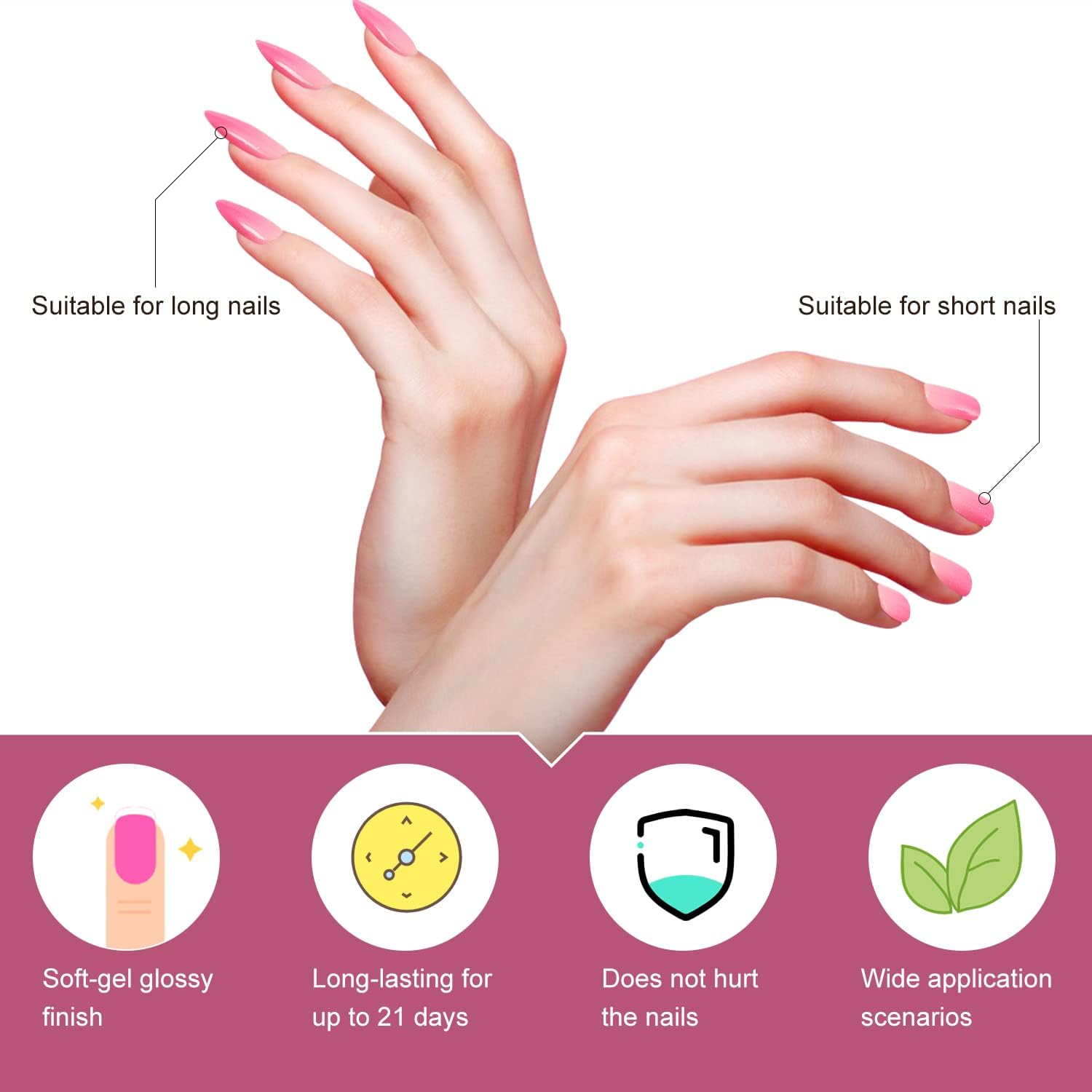 Semi Cured Gel Nail Strips - 28 Pcs Work with Any UV Lamp, Long Lasting Art Stickers, Salon Quality, Easy to Apply (Shiny Pink) - Gold Pink image number 3