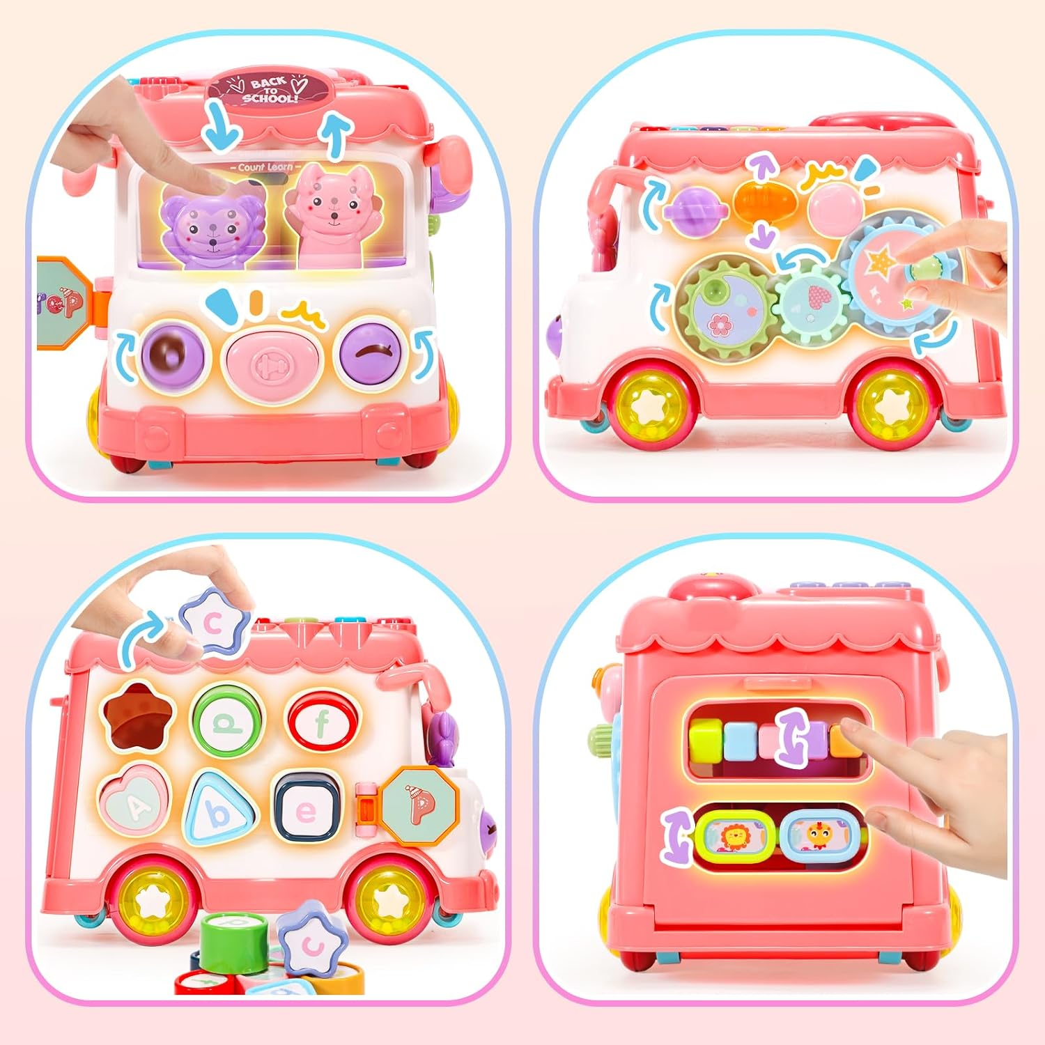 Amidear Baby 1-2 Year Old Girl, 10-In-1 Montessori Toys Bus for Baby 6-12-18 Months+, First Christmas and Birthday Gifts, Educational Musical Sensory Learning Toddler Toys Age 1-2, Pink image number 4