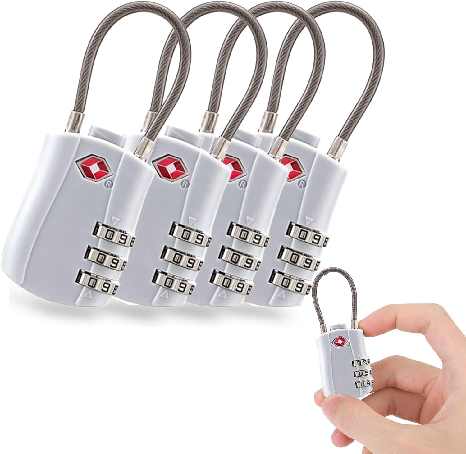 4 Pack TSA Approved Luggage Locks, Combination Travel Cable Lock, 3-Digit Waterproof Padlock with Alloy Body, Keyless Resettable Suitcase Locks for Travel, Lockers, Bags, Backpack, Gym (White