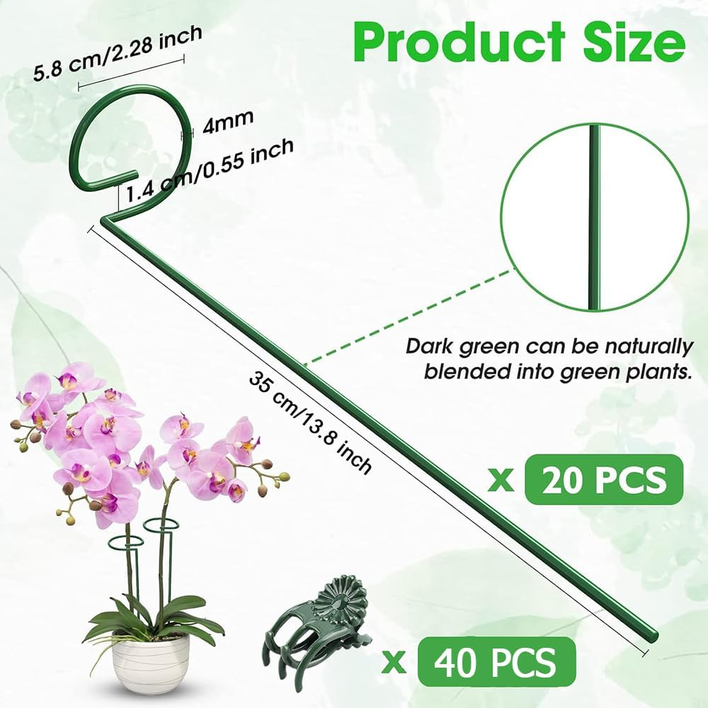 20 Pack 13.8 Inch Green Metal Single Stem Flower Garden Plant Support with 40Pcs Plants Clips, Plant Cage Support Ring for Amaryllis Orchid Peony Rose Tomato image number 6