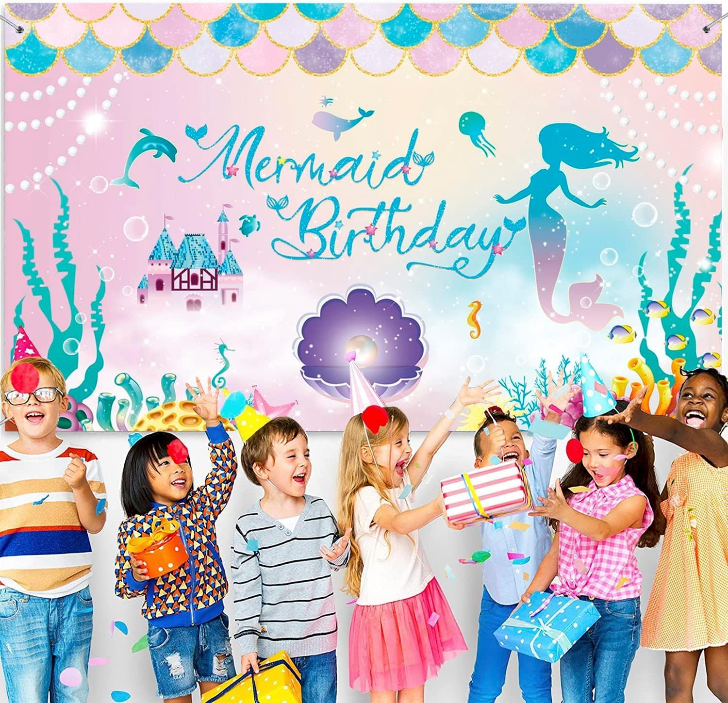 Stibest under the Sea Mermaid Birthday Party Backdrop Girl Princess Mermaid Scales Photo Booth Banner, Purple Blue, Polyester, 72.8 X 43.3 Inch image number 2