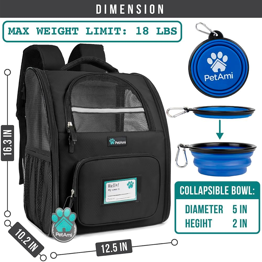Petami Deluxe Pet Carrier Backpack for Small Cats and Dogs, Puppies | Ventilated Design, Two-Sided Entry, Safety Features and Cushion Back Support | for Travel, Hiking, Outdoor Use (Black) - Black image number 5