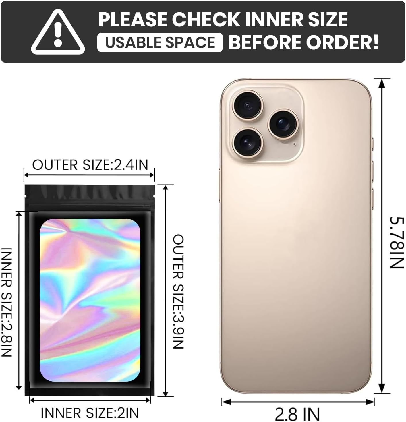 100 Pcs Black Mylar Holographic Bags Packaging Bags,Clear Resealable Bag Foil Pouch Bag for Food Storage and Lipgloss,Jewelry,Eyelash Packaging for Small Business(2.4X3.9Inch) image number 3