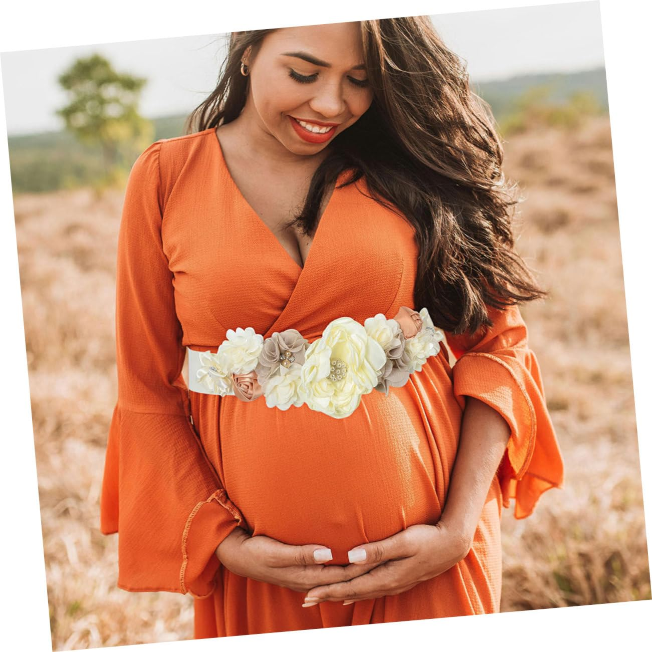 2Pcs Beige Maternity Sash Belt for Shower Decorations Pregnancy Keepsake Flowers Rhinestones for Photoshoots Expectant Mothers image number 6