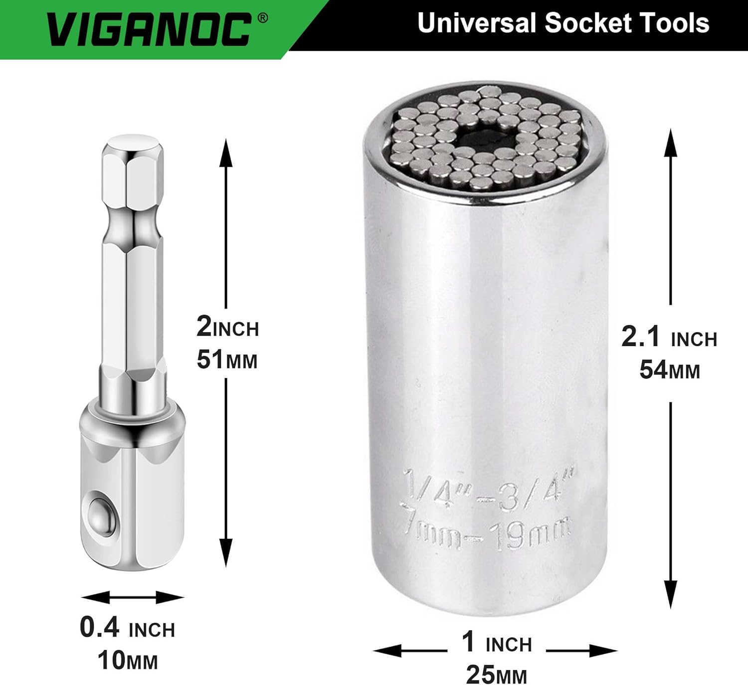 Viganoc Super Universal Socket Tools with Power Drill Adapter, 1/4" - 3/4" Standard and 7-19Mm Metric, Silver image number 3