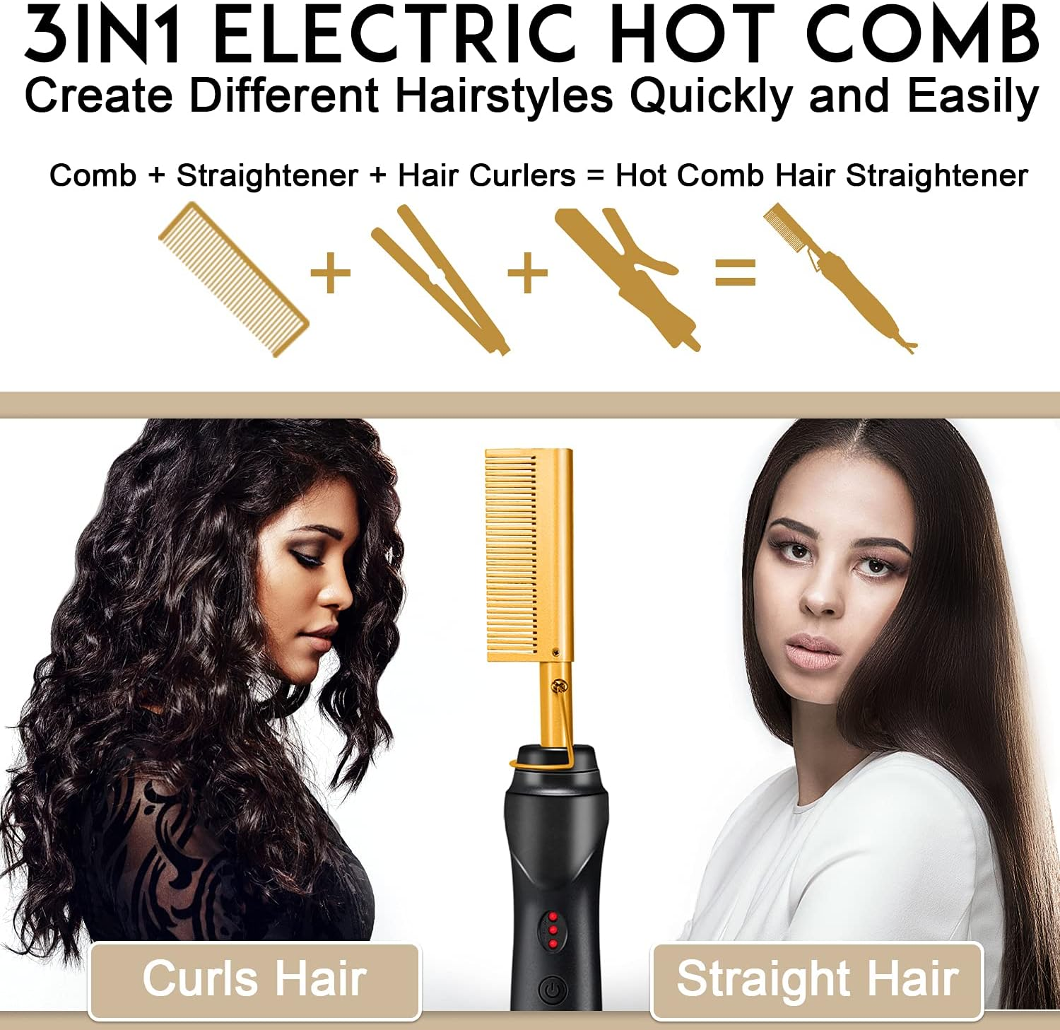 NICEMOVIC Ceramic Heating Hair Straightener Comb - Hot Pressing Brush for Natural Black Hair, Beard Wigs, and Curling (Gold) image number 2