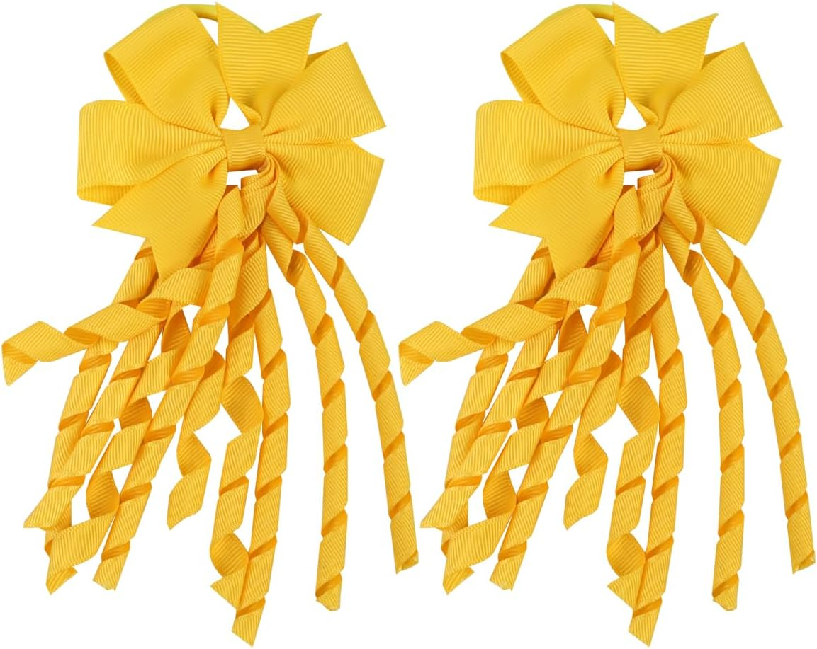 Laroal 2 Pcs Hair Bow Spiral Streamers &ndash; Curly Bow Hair Bands, Ponytail Holders, Hair Ribbons, Bobbles for Girls, Toddler, School, Party Accessories &ndash; Yellow image number 3