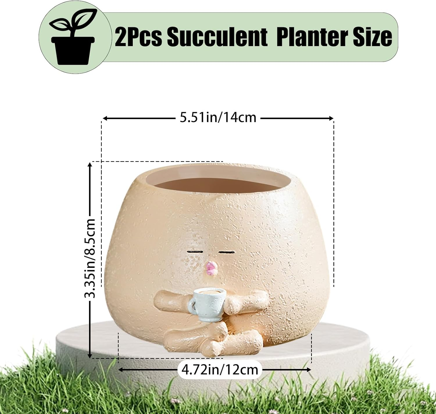 2Pcs Smiley Face Planter Pot, FHDUSRYO Cute Resin Flower Head Planters for Indoor Outdoor, Unique Sit Succulent Pots with Drainage Hole for Mothers Day, Teacher, Plant Lovers (Coffee, 14X8.5Cm)