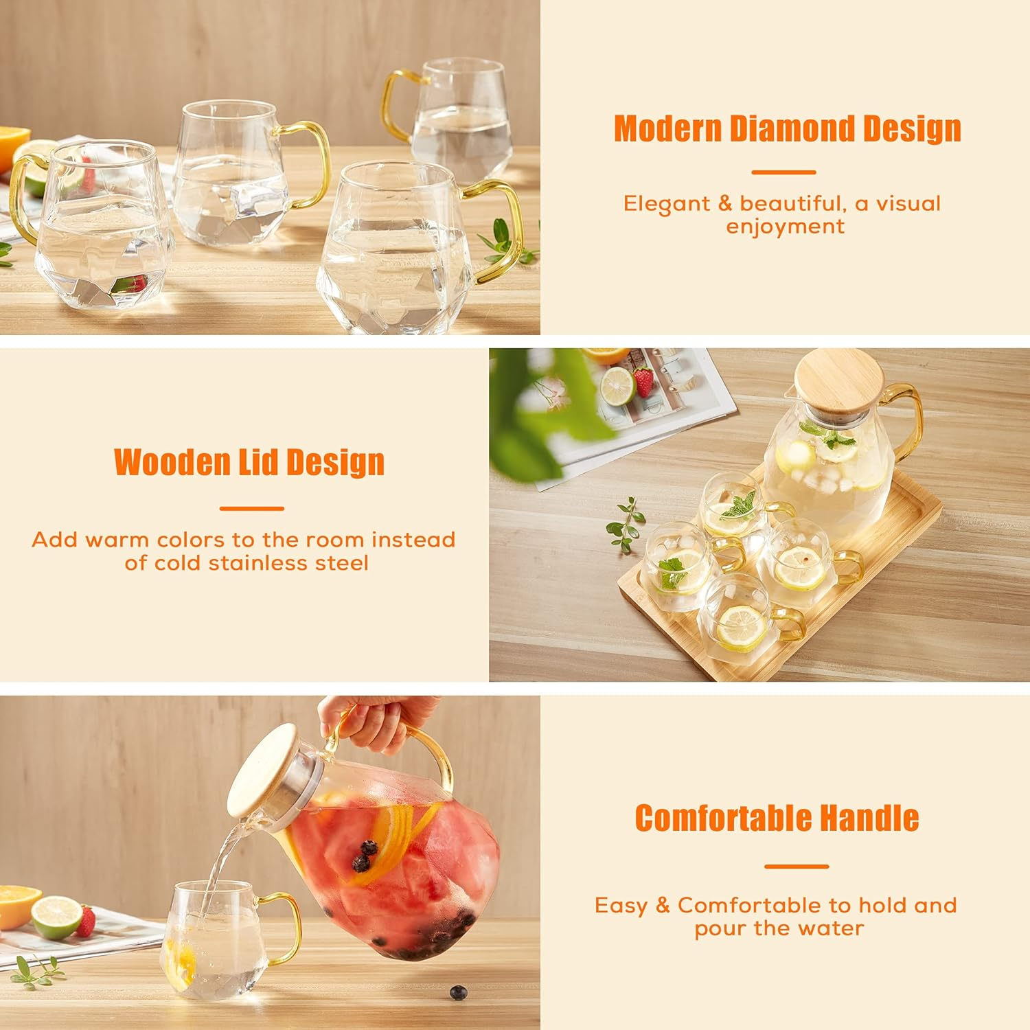 DUJUST Glass Pitcher with Lid [68 Oz], Elegant Diamond Design Water Pitcher with Handle, Decoration for Room, High Durability Water Glass Carafe for Ice Tea Maker, Beverage, Hot/Cold Coffee - 1 Pitcher Black image number 6