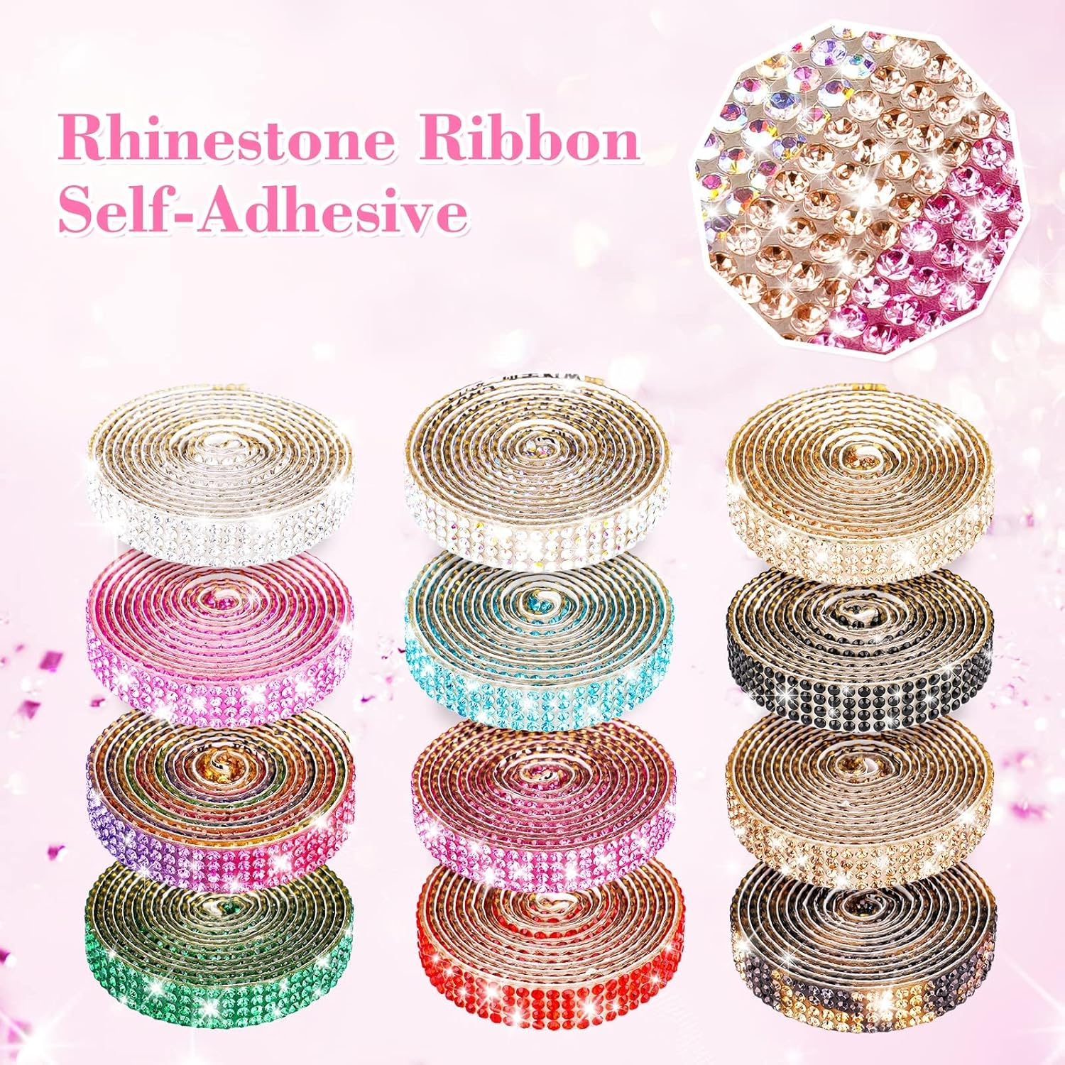 Self Adhesive Crystal Rhinestone Diamond Ribbon 12 Rolls 0.9Cm Wide Total 12 Yards Multi-Functional DIY Decorative Bling Gemstone Arts Crafts Sticker Tape Glitter image number 4