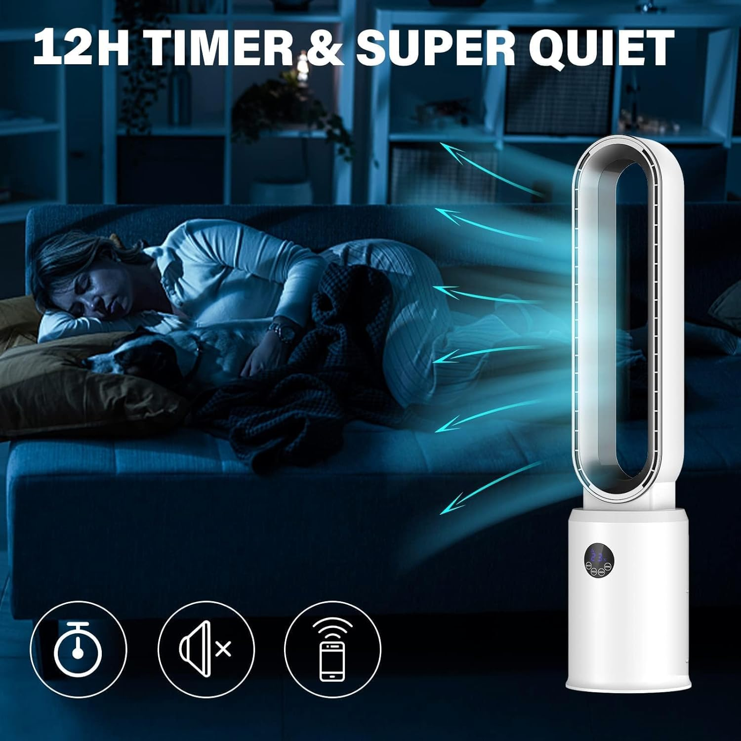 Advwin Bladeless Fan, Portable Tower Fan Electric Airflow Purifying Fan, with 24 Speeds Setting, 12H Timing, Suitable for Room, Bedroom & Office Use, White image number 4