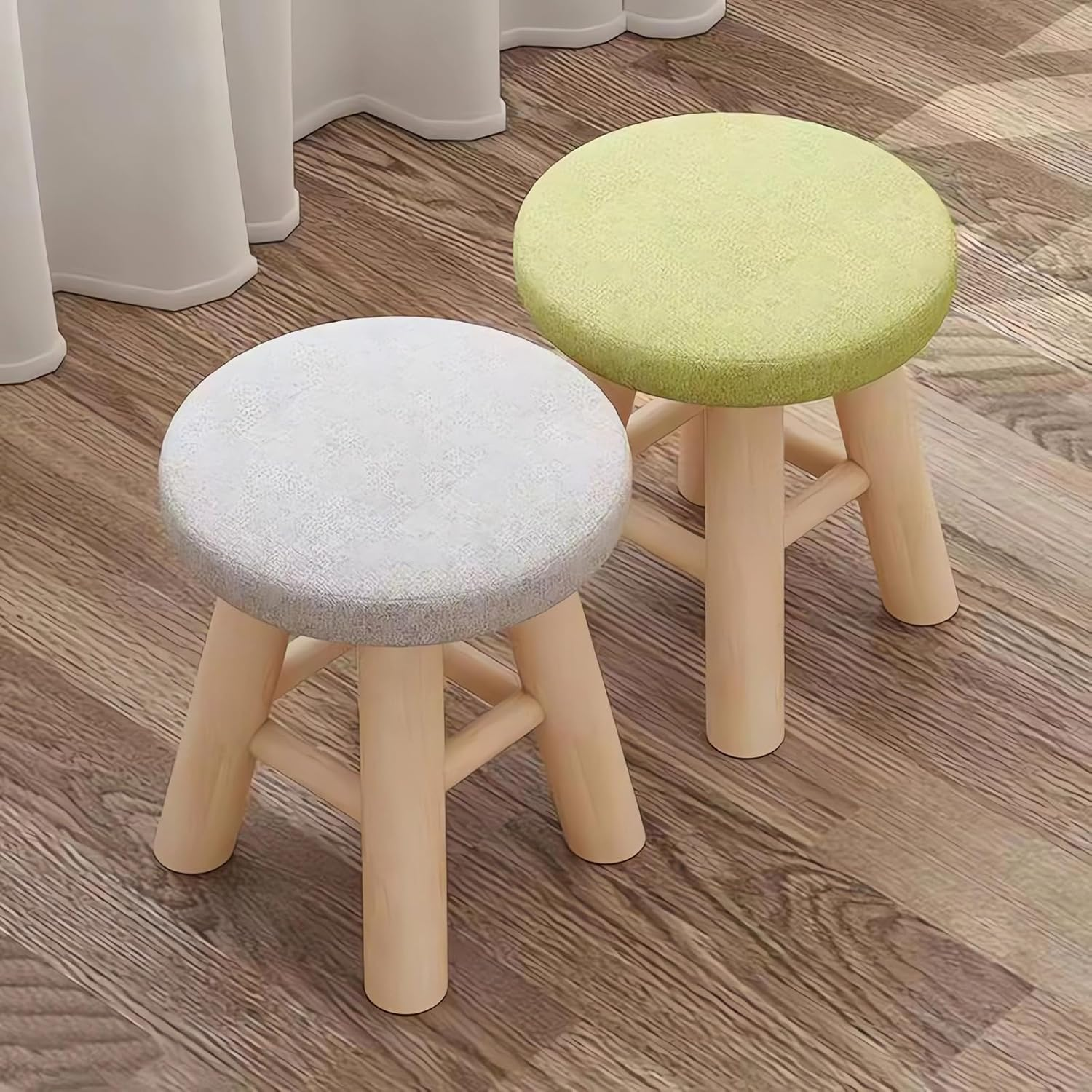 Round Padded Ottoman Stool, 26 X 28 Cm, Wooden Legs, Grey/Blue and Green A268 (Green)