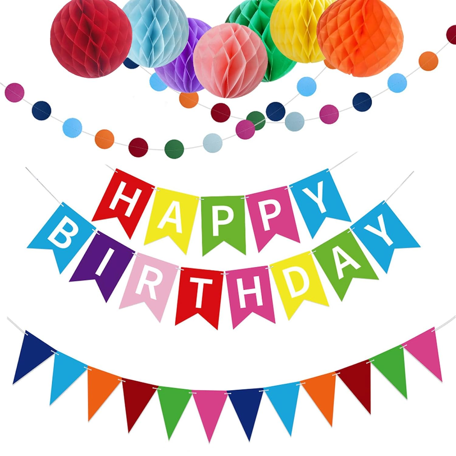 Birthday Party Decoration Gifts with 7 Honeycomb Balls and 1 Colorful Pennant Hanging Paper Fan Reusable Birthday Banner Suitable for Birthday Parties of Different Ages image number 5