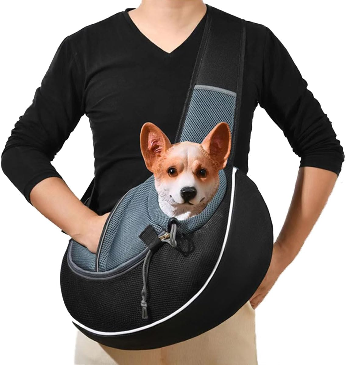 Dog Sling Carrier, Mesh Adjustable Pet Cat Carrier Sling, Hand Free Dog Satchel Carrier Bag, Puppy Crossbody Sling Carrier for Small Medium Dog Cat Rabbit, Black+Grey image number 5