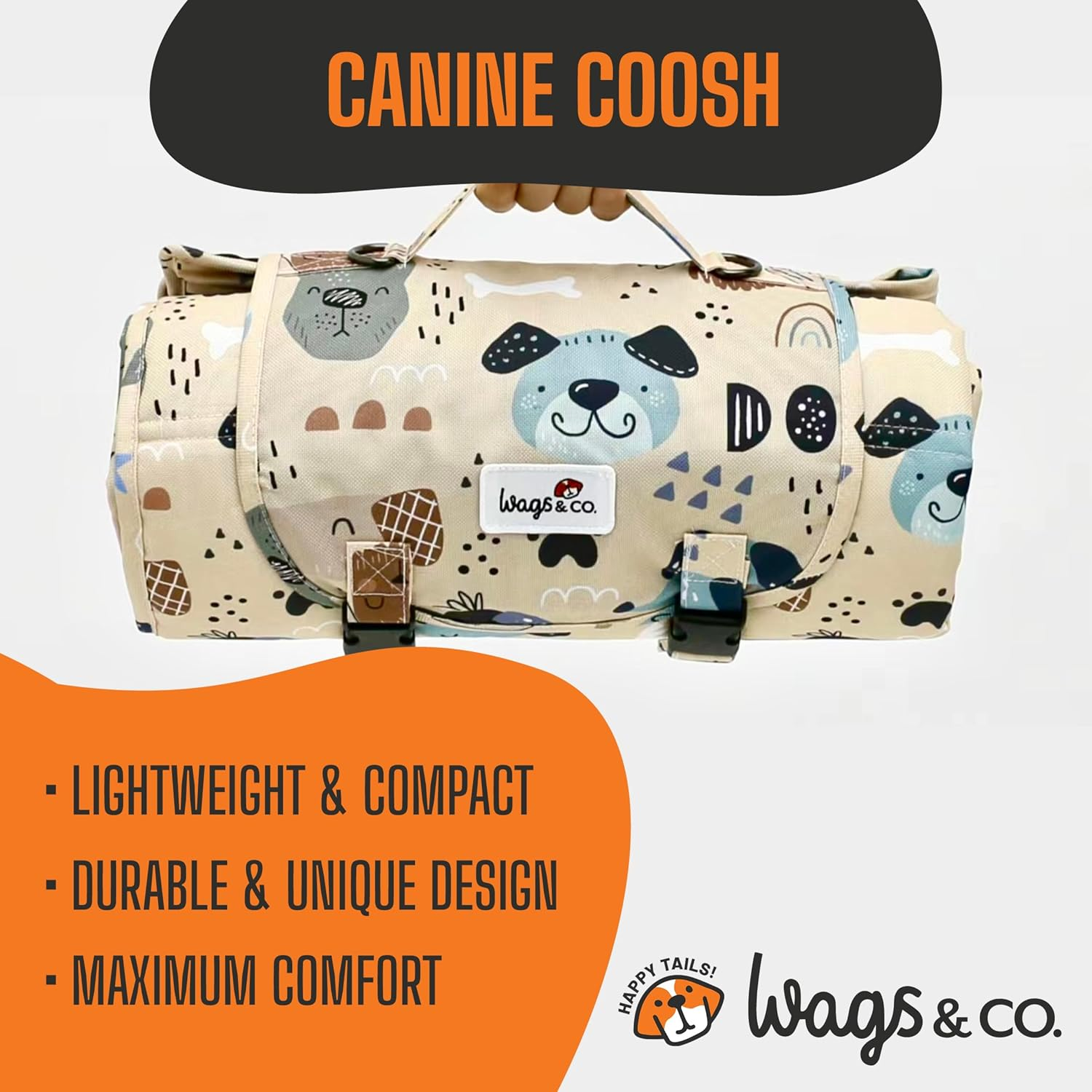 Canine COOSH - Outdoor Folding Dog Travel Mat - 70 X 100Cm. Durable, Easy-To-Clean, Portable Dog Bed for Beach, Bush, Camping, Travel, with Clip-On Carry Strap. (Happy Hounds) image number 2