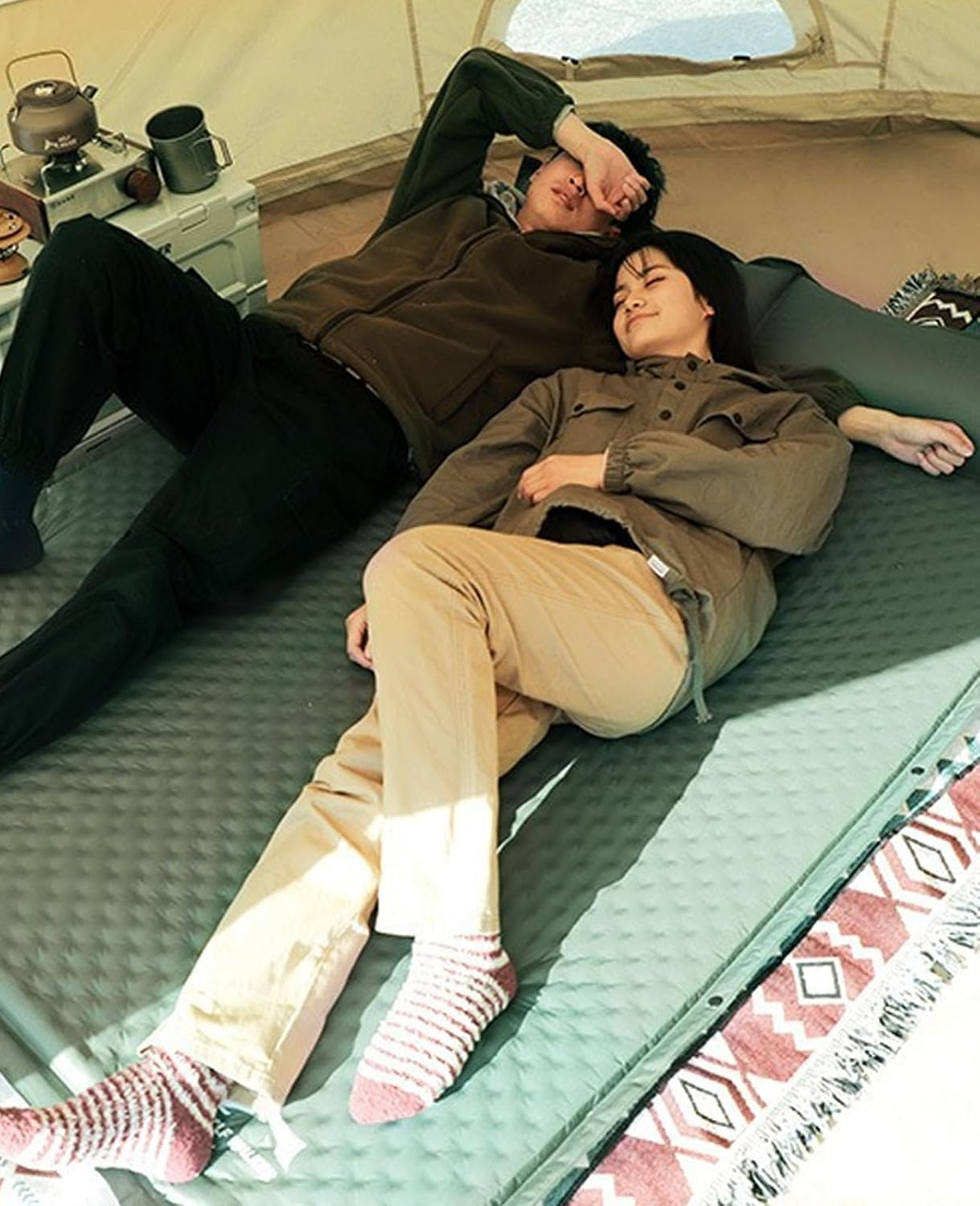 Double Sleeping Pad for Camping, 5CM Ultra-Thick Self Inflating Camping Pad with Pillow, Lightweight Camping Mattress Pad, Built-In Foot Pump, Portable Sleeping Mat for Hiking, Backpacking (Green)