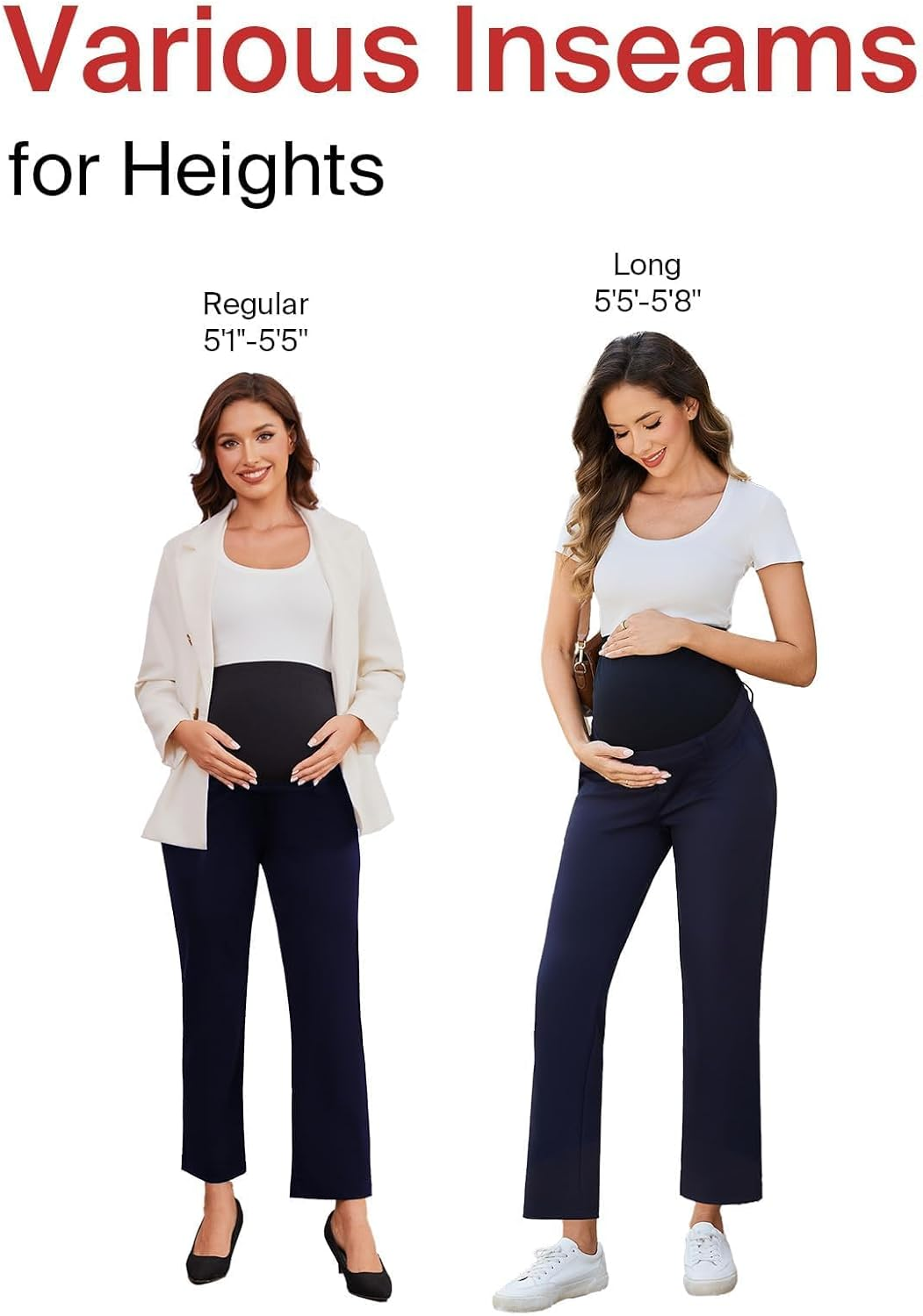 Ecavus Maternity Pants over the Belly Seamless Stretch Work Pants Dual Length Pregnancy Office Dress Pants with Pockets