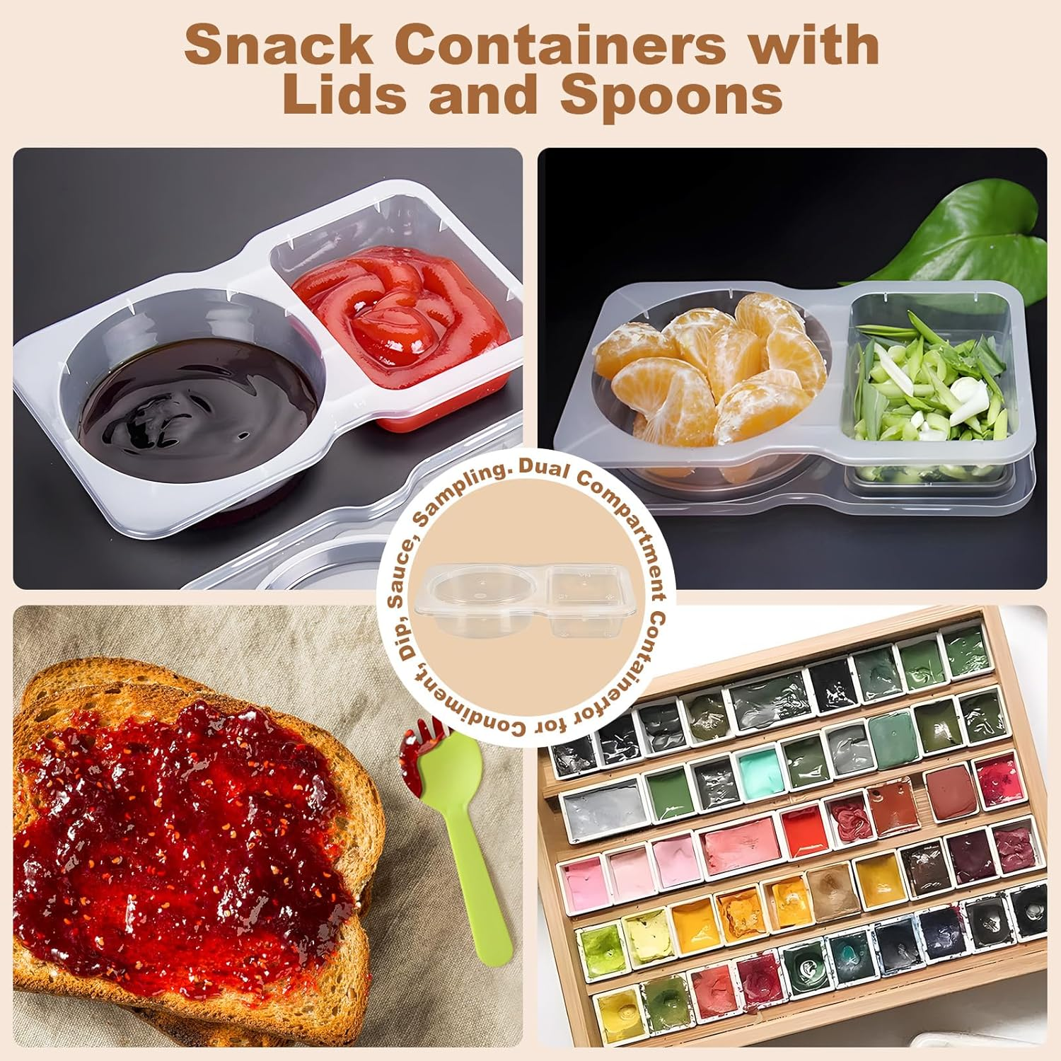 YARRAMATE 40PCS Double Compartment Snack Containers with Lids and Spoons, Condiment Snack Container for Cheese,Crackers,Fruit,Sauce, Leak-Proof Bpa-Free Plastic Packs for School,Office,Takeout image number 6