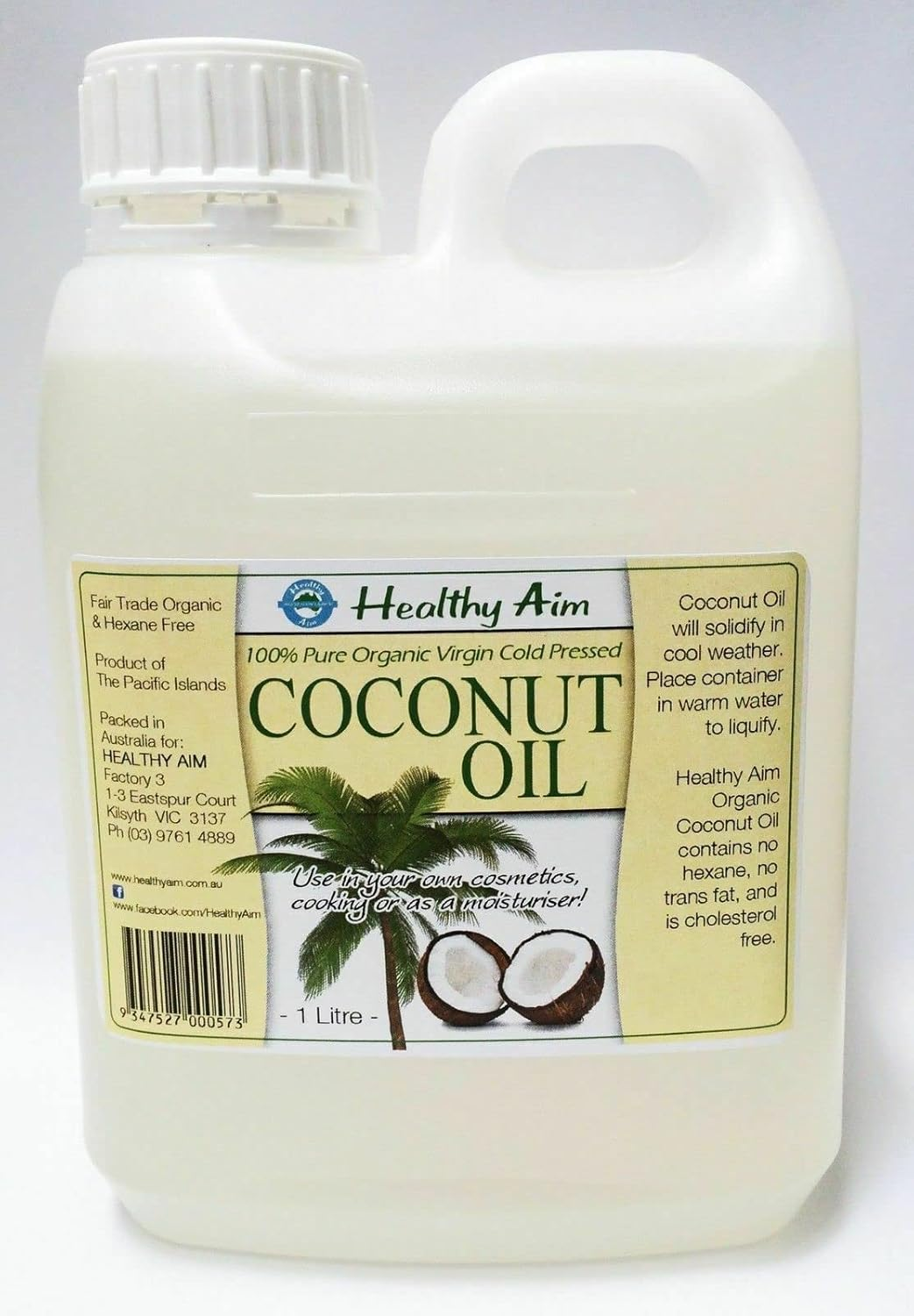 2 X COCONUT OIL 1L Litre ~ Certified Organic ~ 100% Pure Virgin ~ Cold Pressed
