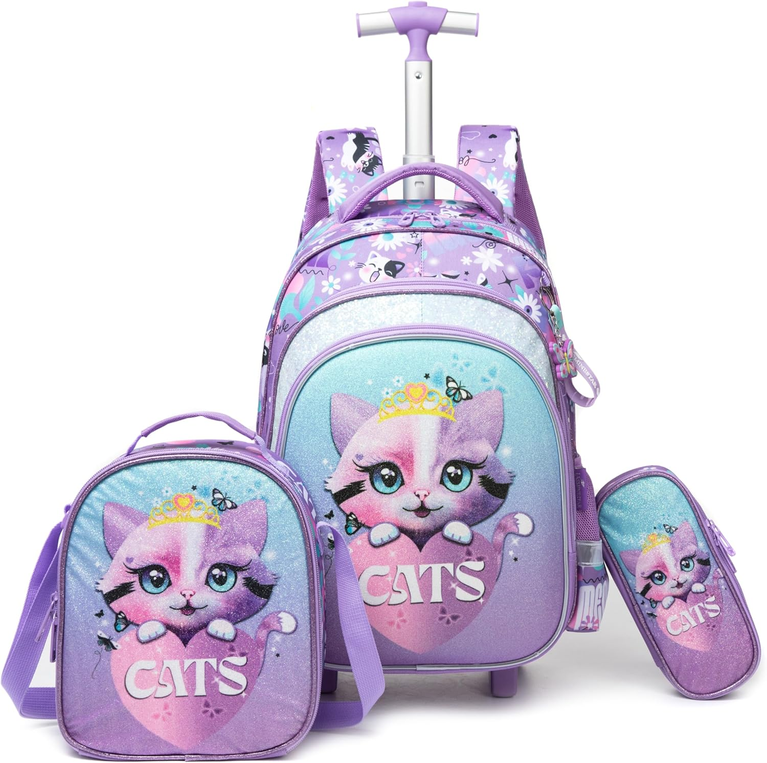 Meetbelify Rolling Backpack for Girls with Pencil Case&Lunch Bag School Bags Trolley Wheeled Backpacks