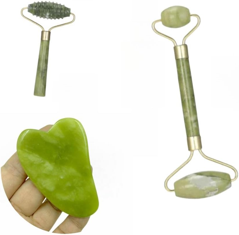 3 Pieces Jade Roller and Gua Sha Tool, GYWHOOFT Jade Roller and Gua Sha Massage Set anti Aging Wrinkle Reduction Facial Roller for Face,Neck Natural Jade Stone for Toning and Firming Skin image number 2
