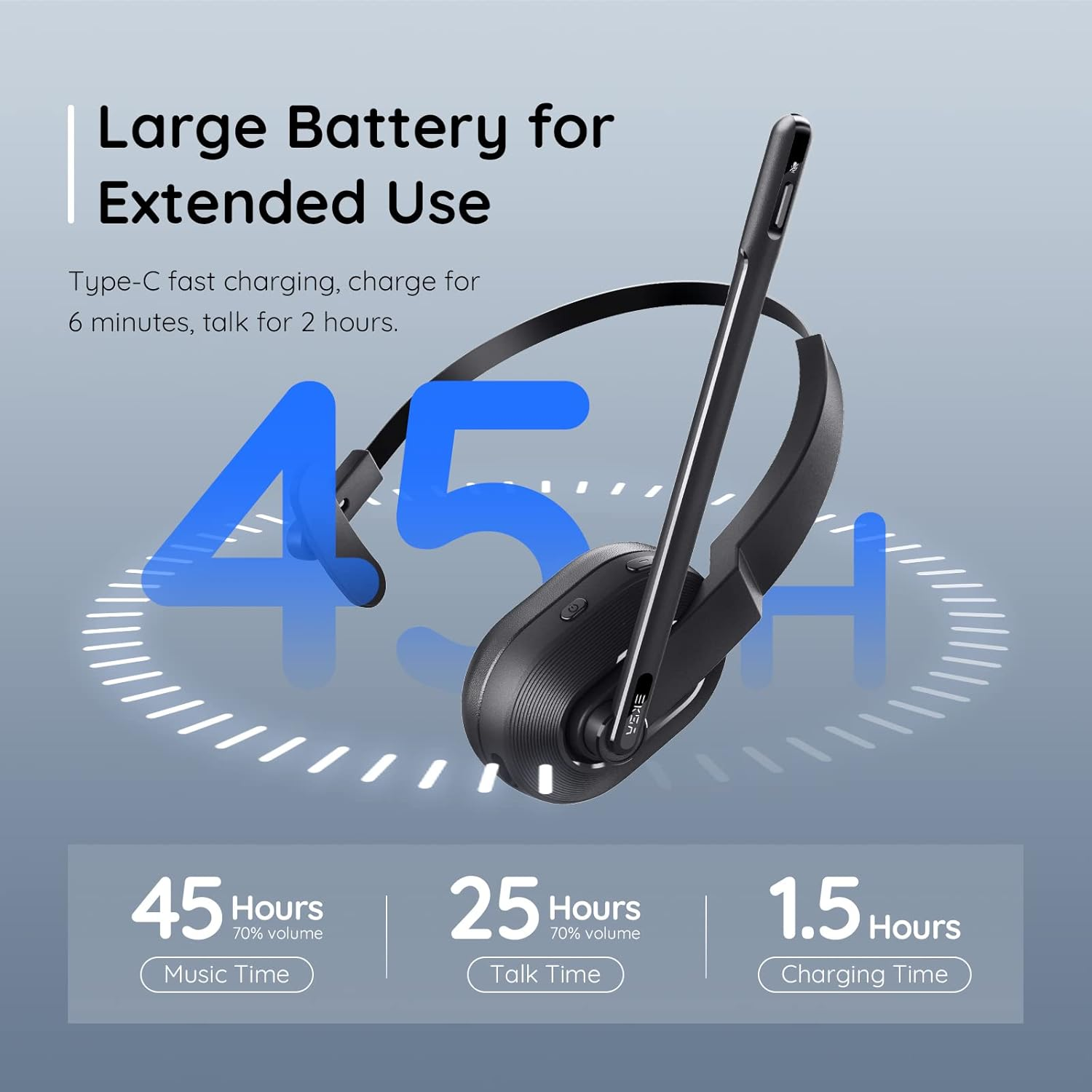 EKSA Bluetooth Headset, Wireless Headsets with Ai-Powered Environmental Noise Cancelling Microphone, Fast Charging Base, 45Hrs Bluetooth Headphones with Mute & USB Dongle for Pc/Trucker/Work/Phone image number 6