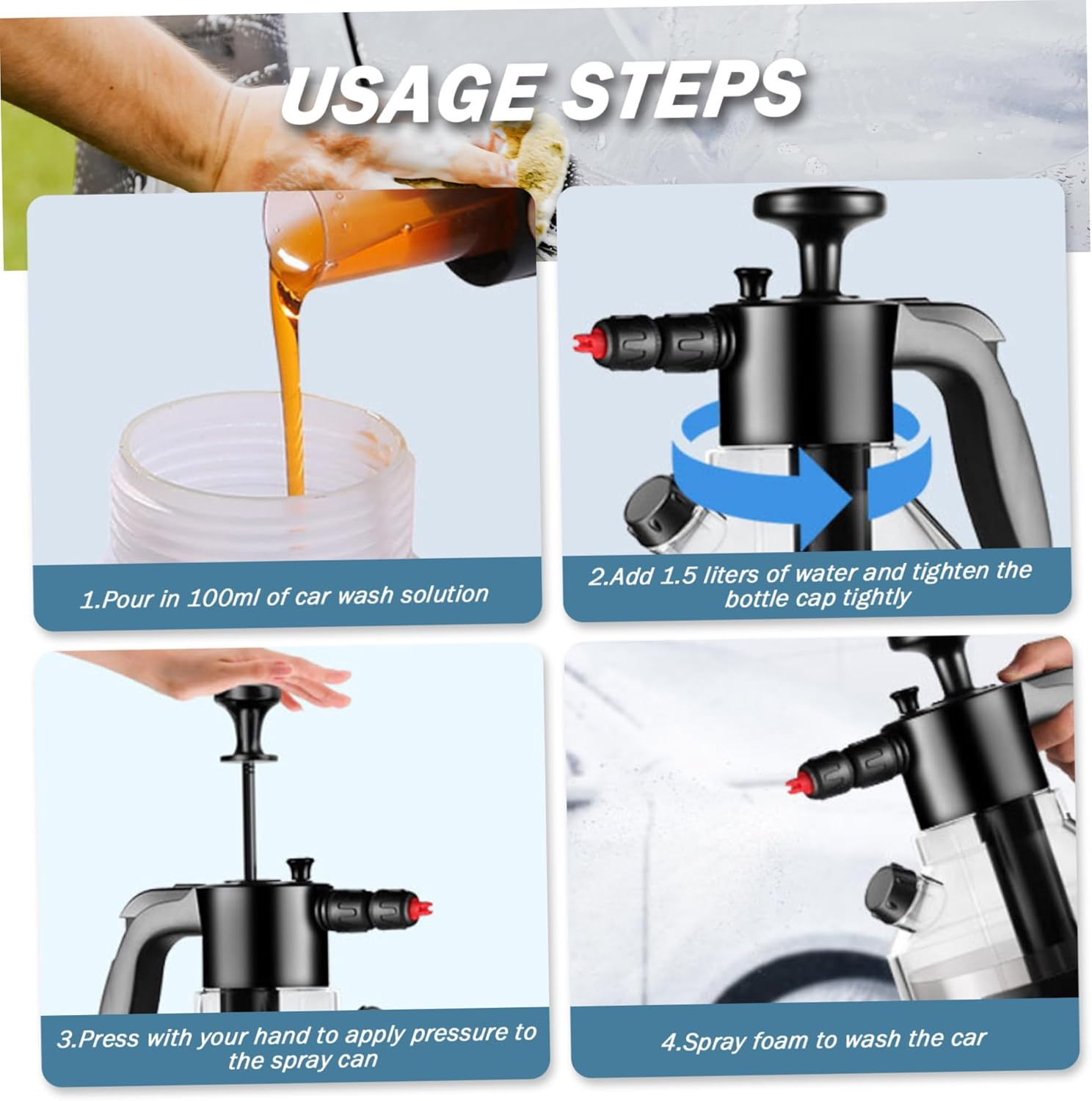 2L Car Foam Sprayer, Hand Pressure Snow Foam Bottle, Automatic Spray Snow Sprayer, Clear Pump for Car Cleaning, Garden Watering image number 5