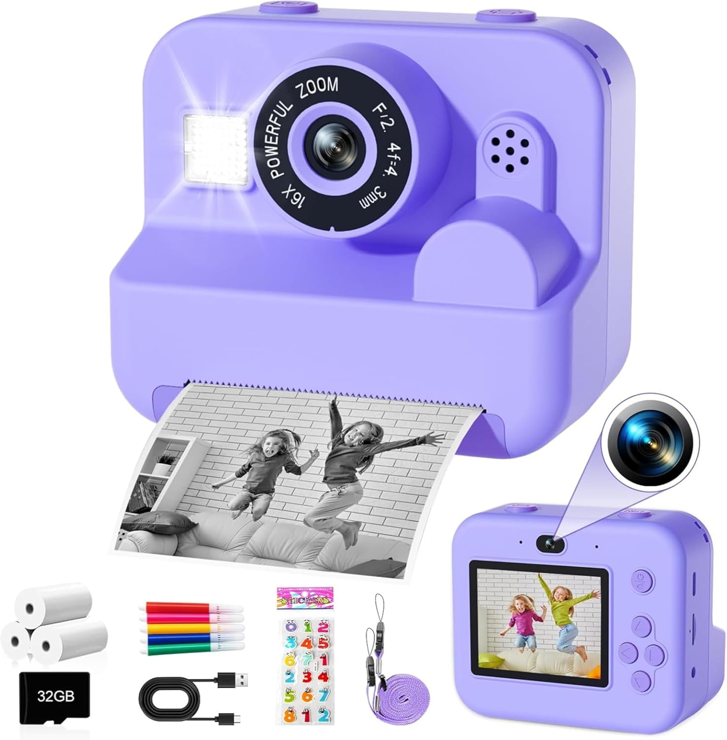 Kids Camera Instant Print, 1080P HD Instant Printing Camera with 3 Rolls Printing Paper & 32GB Card, Selfie Digital Camara for Kids, Ideal Toys Gifts for Boys & Girls Age 3-14 (Purple)