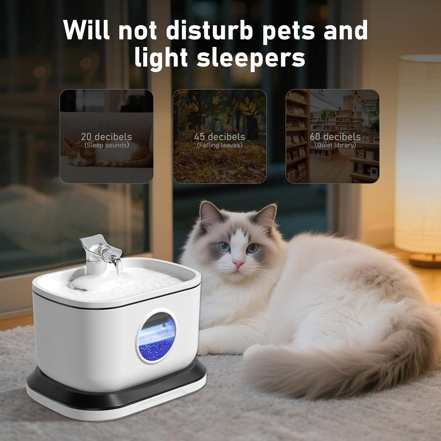 Cat Water Fountain, Radar Sensing Cordless Water Fountains for Cats Indoor, Battery Operated Wireless Pump, Premium Multi-Layer Filter 2.5L/84Oz Quiet Automatic Pet Dispenser - White image number 6