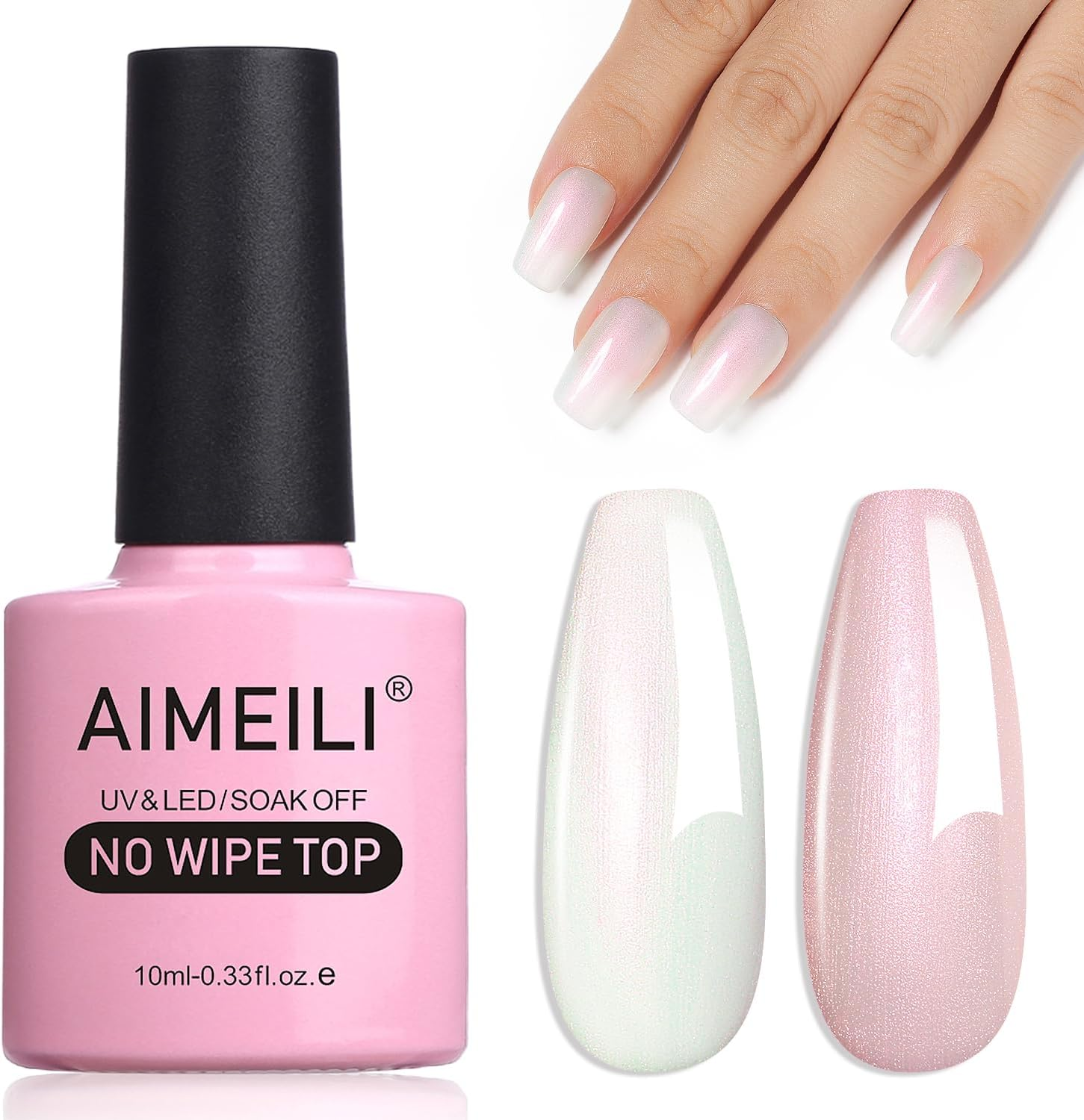 AIMEILI Hema Free Gel Nail Polish Pearl Top Coat, Cruelty Free, Vegan, 2 in 1 Pearlescent Glitter Glossy Shiny No Wipe Gel Top Coat 005