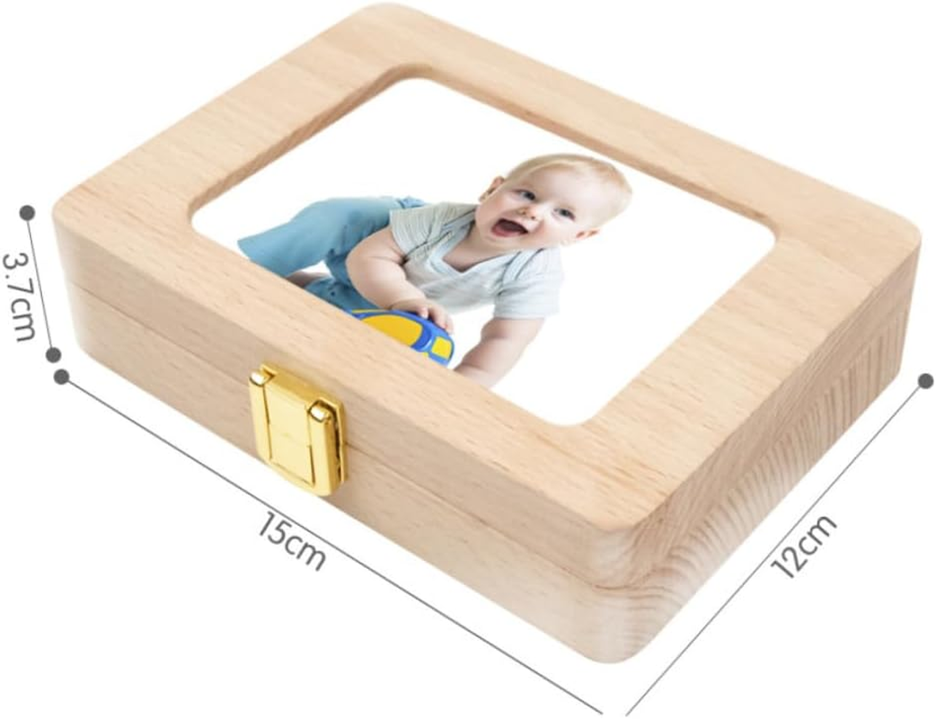 Wooden Teeth Box Keepsake Organizer Creative Deciduous Teeth Storage Container with Photo Frame for Boys and Preserves Childhood Memories with Japanese Stickers image number 2
