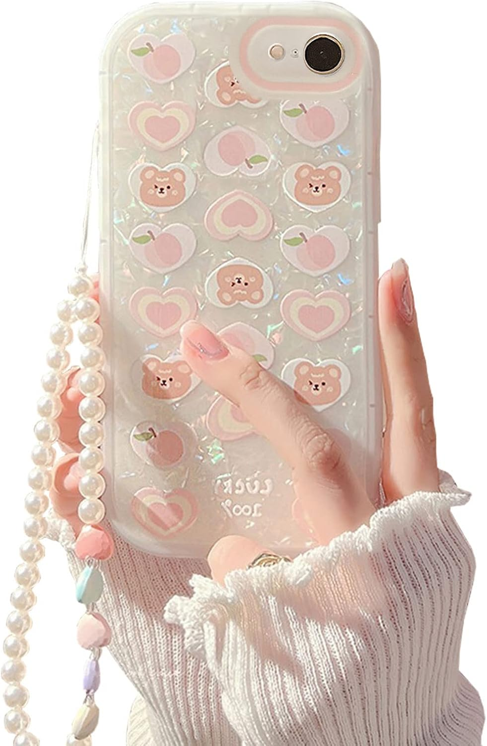 Fycyko Compatible with Iphone 7/8/SE Case with Phone Charm Srap, Cute Bear Love Heart Pattern with Pearl Bracelet Chain Sparkly Phone Case Camera Protect Pink image number 3
