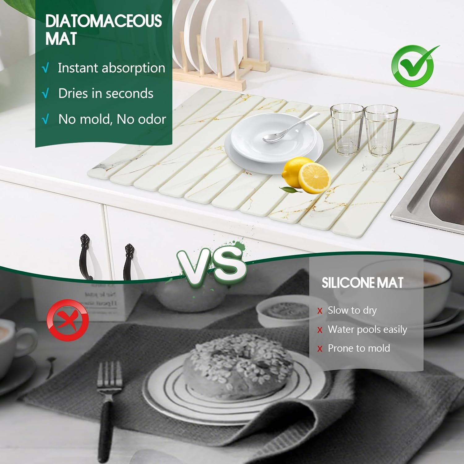 Collapsible Stone Dish Drying Mat, Stone Drying Mat for Kitchen Counter, Diatomaceous Earth Mat with Non-Slip Mesh Pad, 60 X 39 Cm (C) image number 6